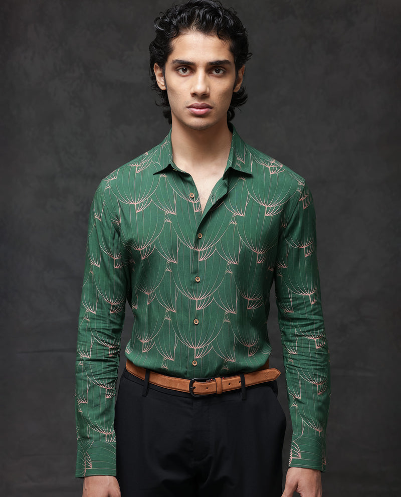 Rare Rabbit Men's Rasou Green Viscose Fabric Full Sleeves Tropical Print Shirt