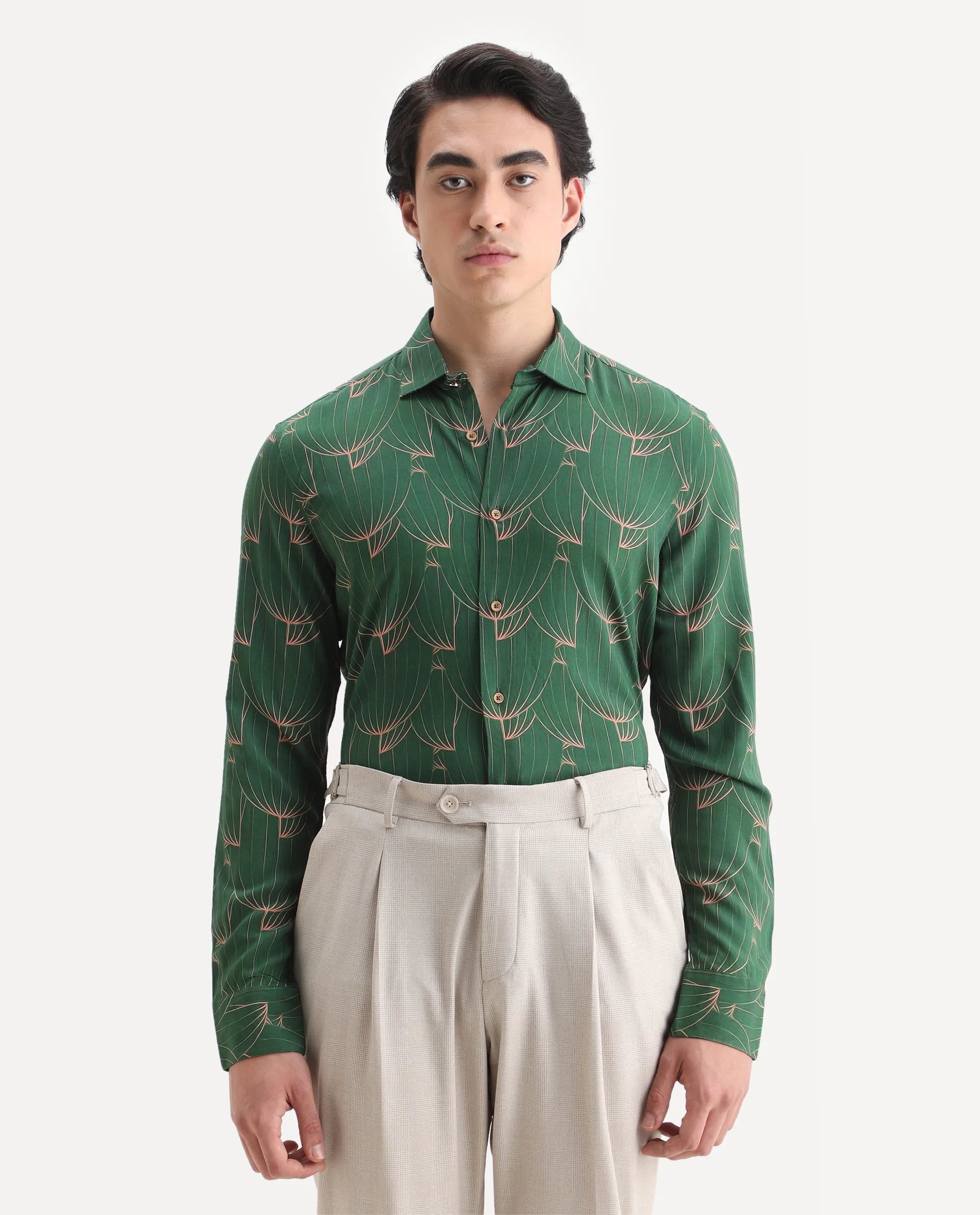 Rare Rabbit Men's Guild Statement Rasou Green Viscose Tropical Print Regular Fit Full Sleeve Collared Shirt