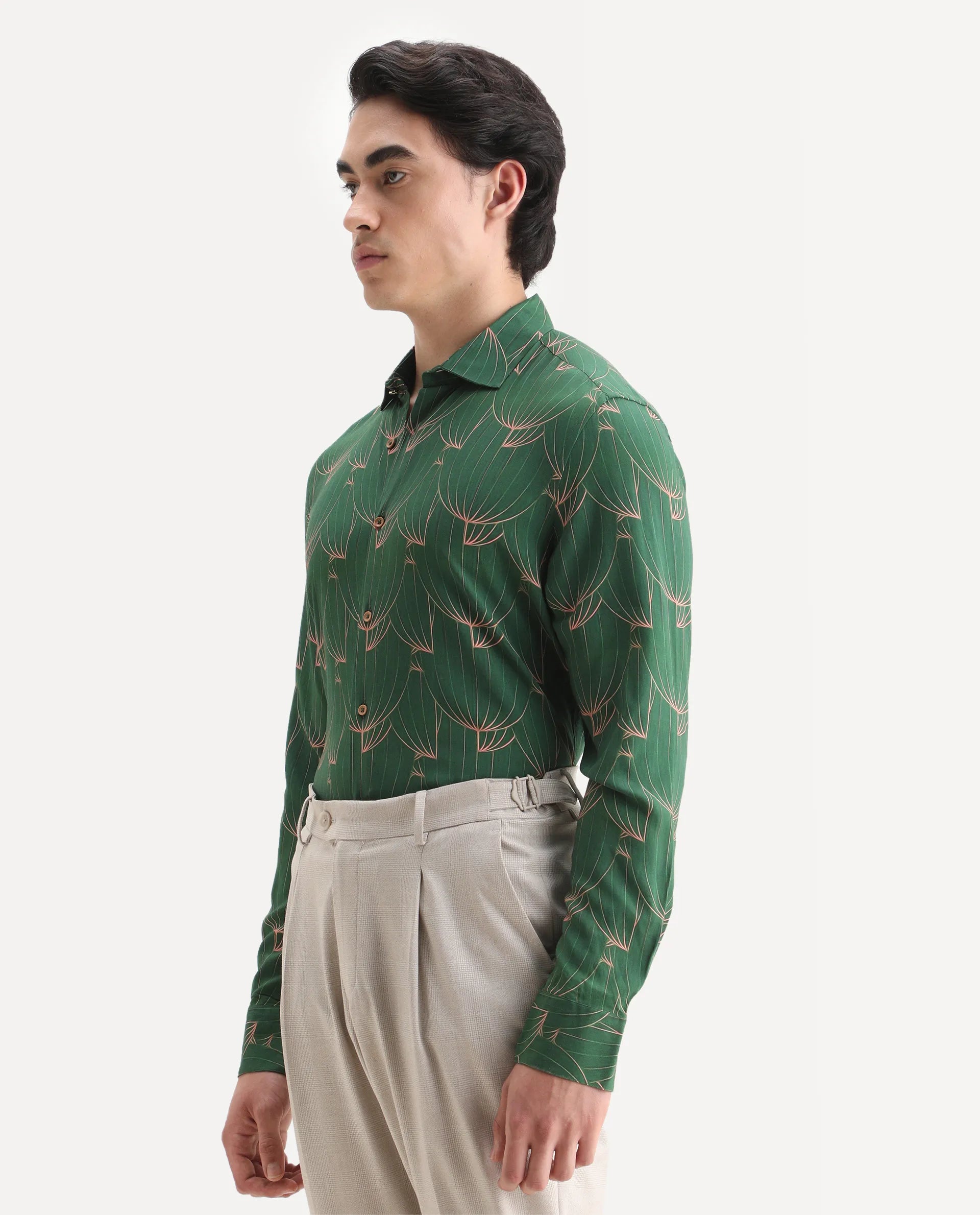 Rare Rabbit Men's Guild Statement Rasou Green Viscose Tropical Print Regular Fit Full Sleeve Collared Shirt