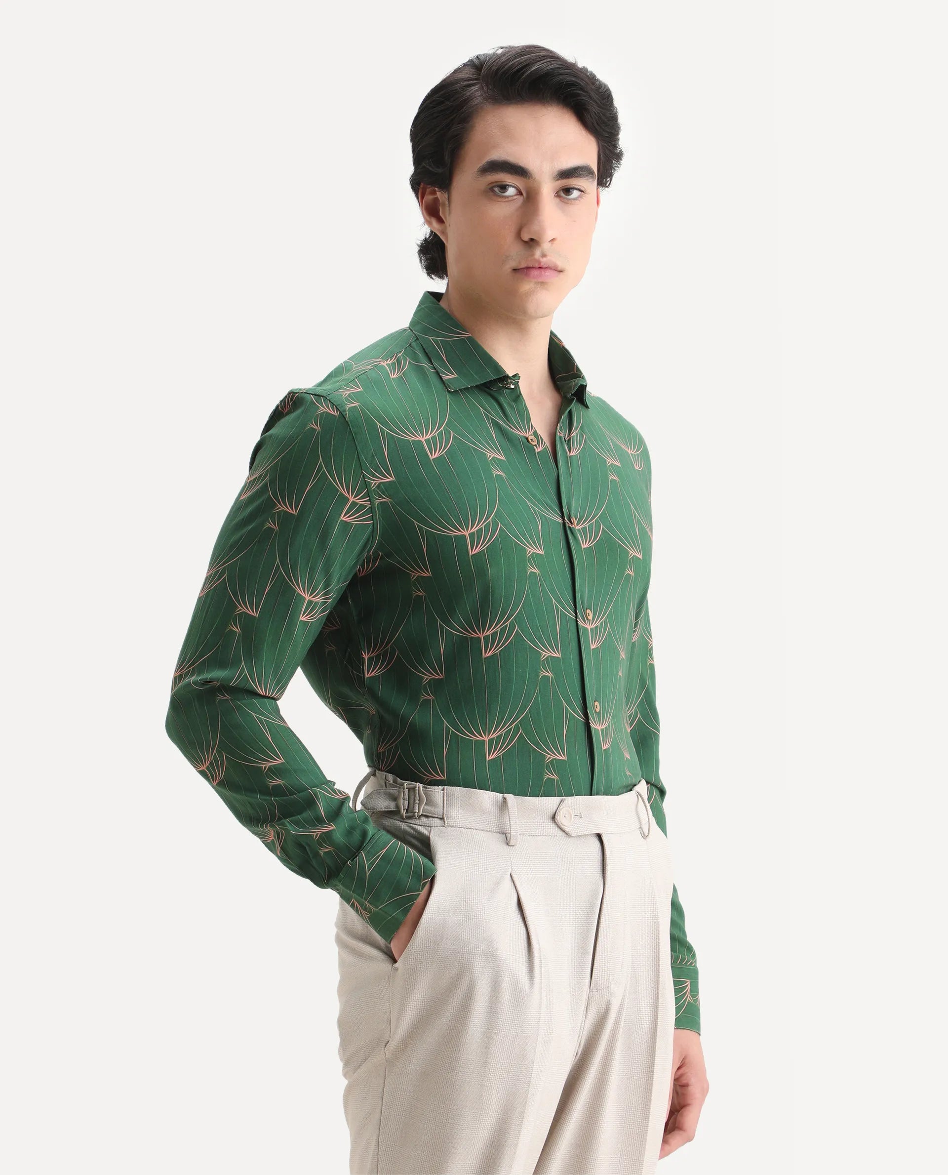 Rare Rabbit Men's Guild Statement Rasou Green Viscose Tropical Print Regular Fit Full Sleeve Collared Shirt