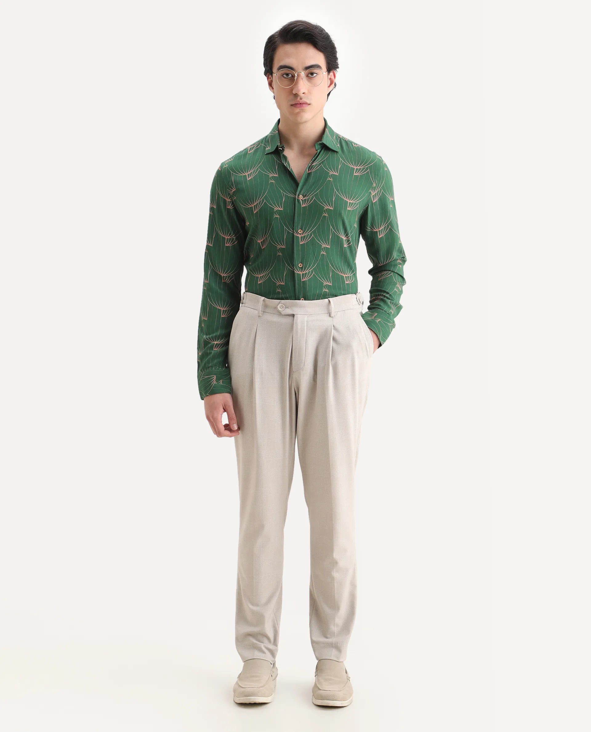 Rare Rabbit Men's Guild Statement Rasou Green Viscose Tropical Print Regular Fit Full Sleeve Collared Shirt