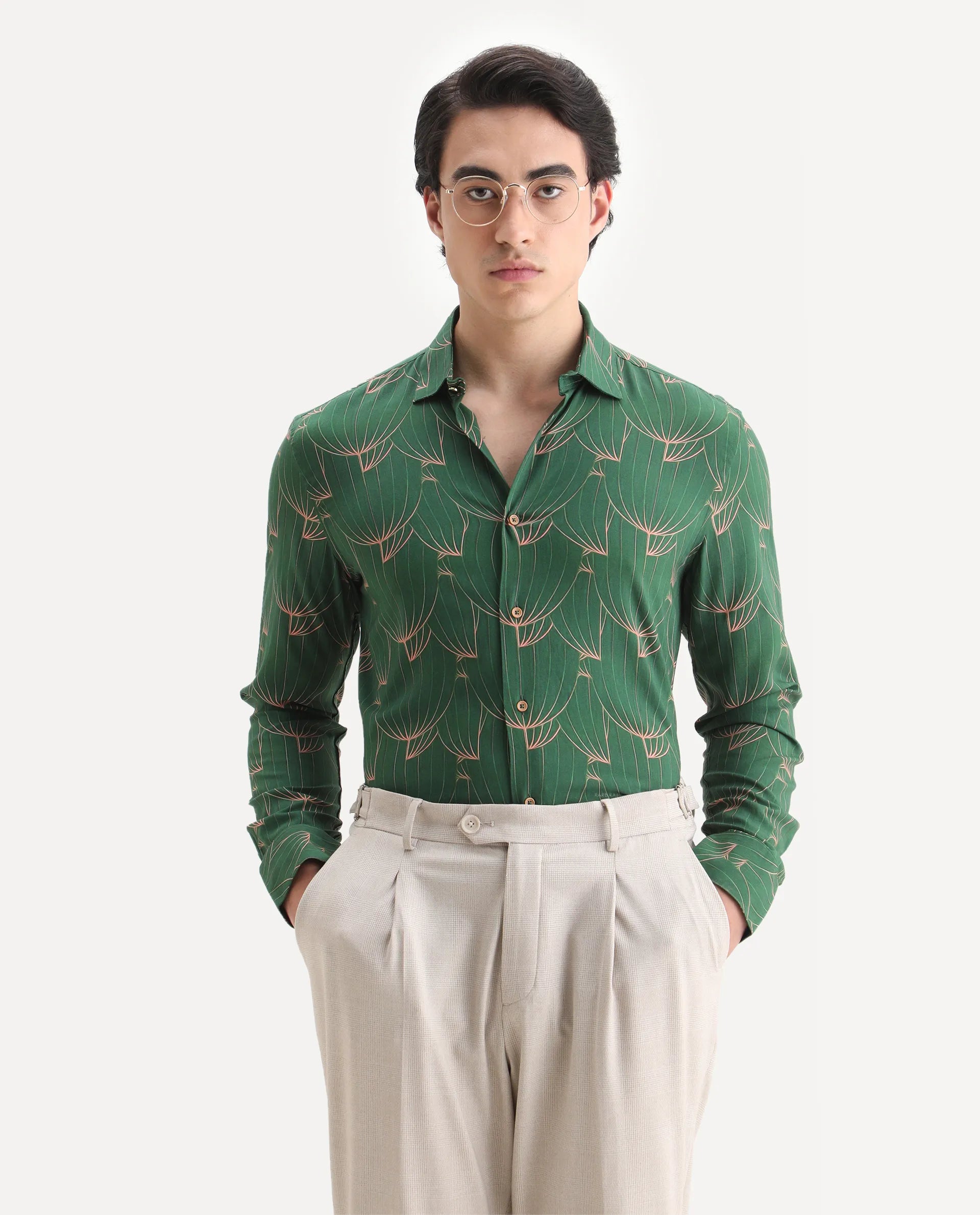 Rare Rabbit Men's Guild Statement Rasou Green Viscose Tropical Print Regular Fit Full Sleeve Collared Shirt