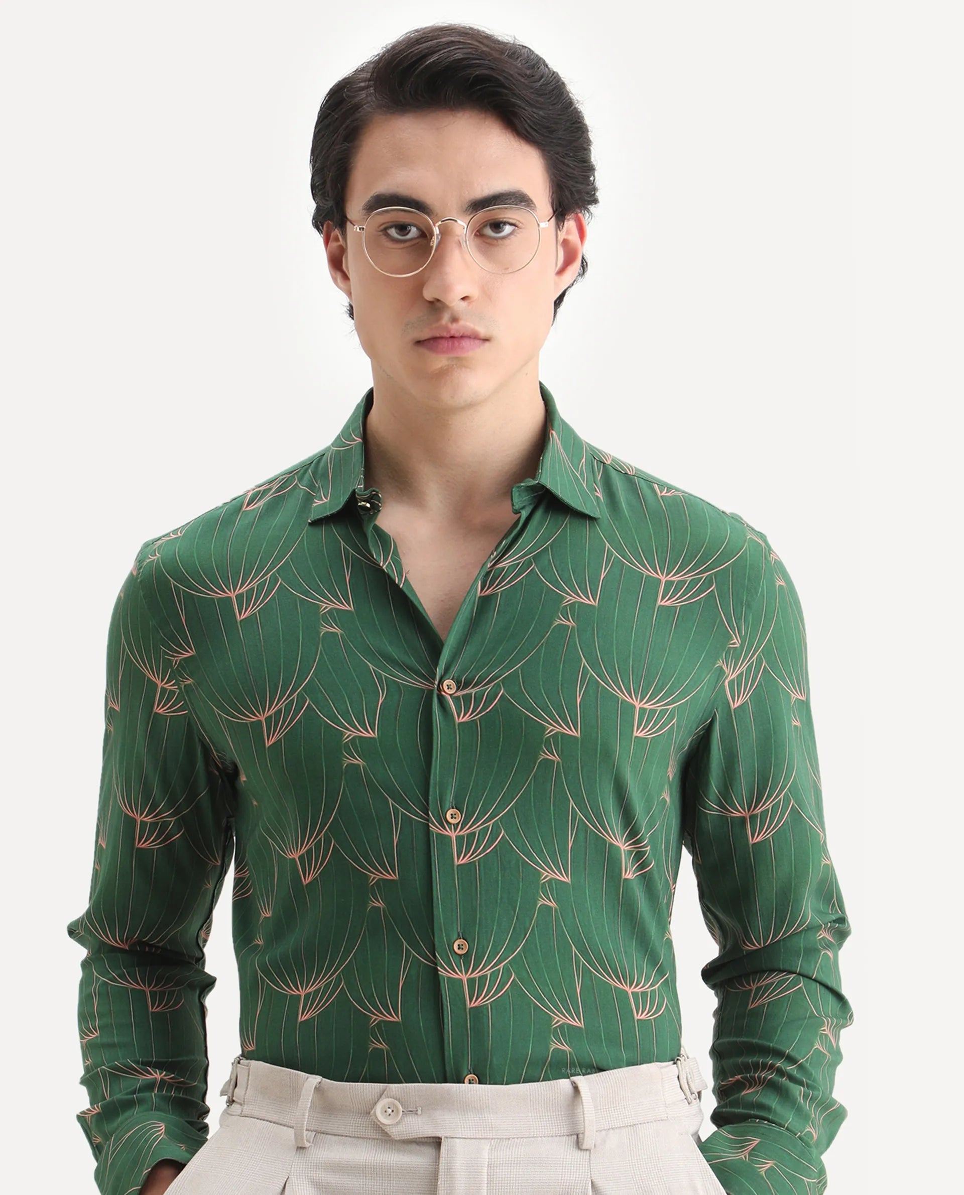 Rare Rabbit Men's Guild Statement Rasou Green Viscose Tropical Print Regular Fit Full Sleeve Collared Shirt