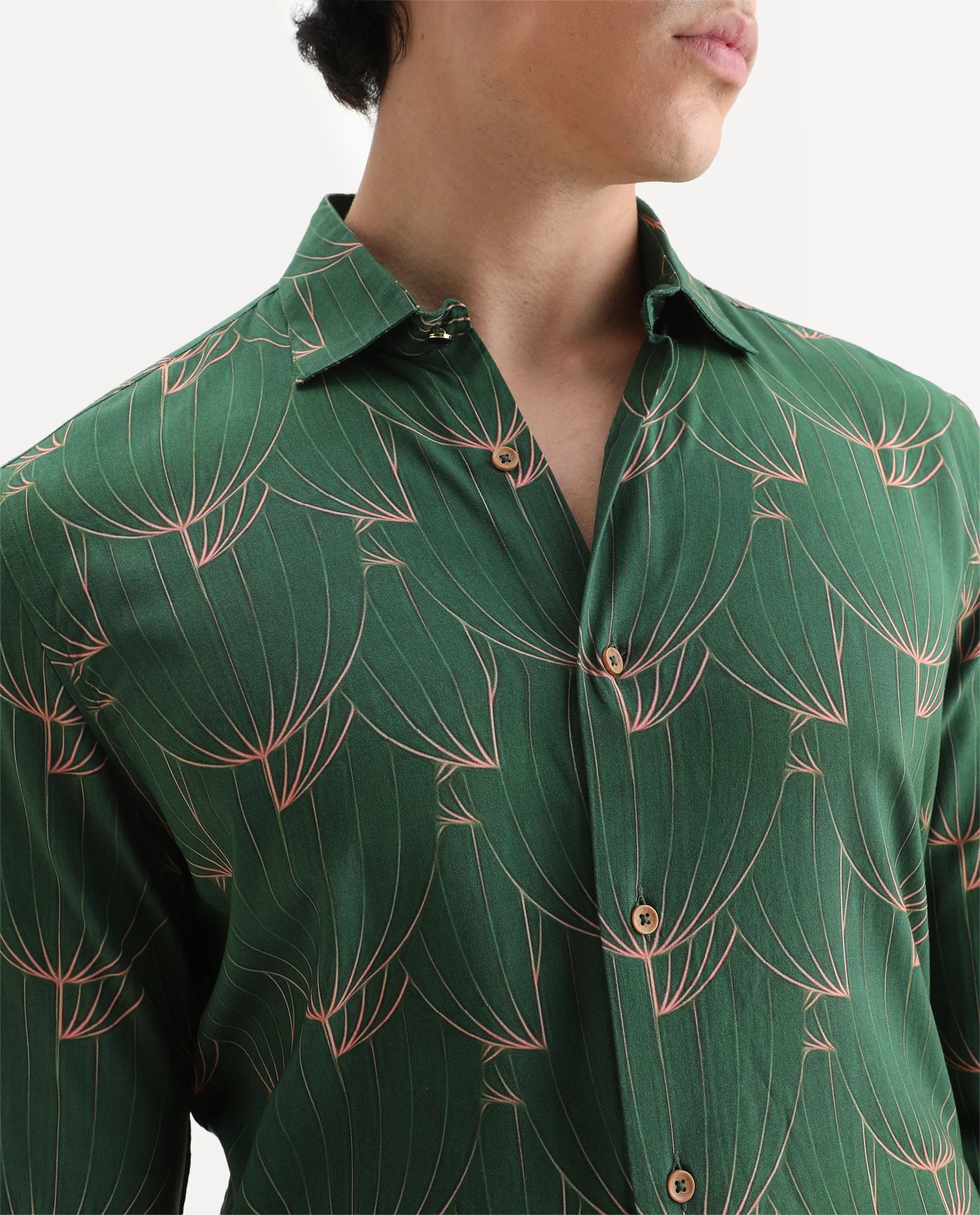 Rare Rabbit Men's Guild Statement Rasou Green Viscose Tropical Print Regular Fit Full Sleeve Collared Shirt