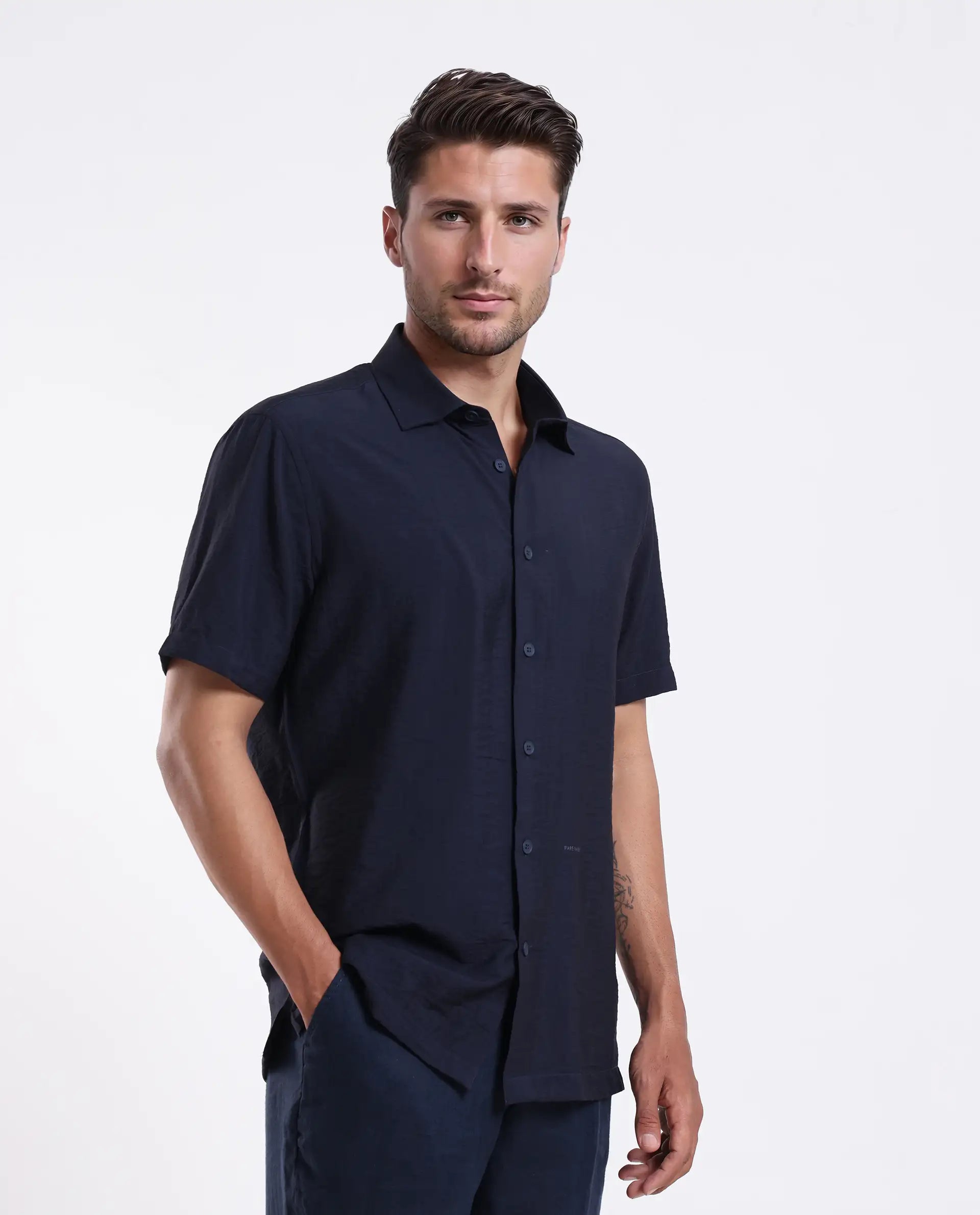 Rare Rabbit Men's Ratuh Navy Viscose Nylon Fabric Half Sleeve Spread Collar Button Closure Regular Fit Plain Shirt