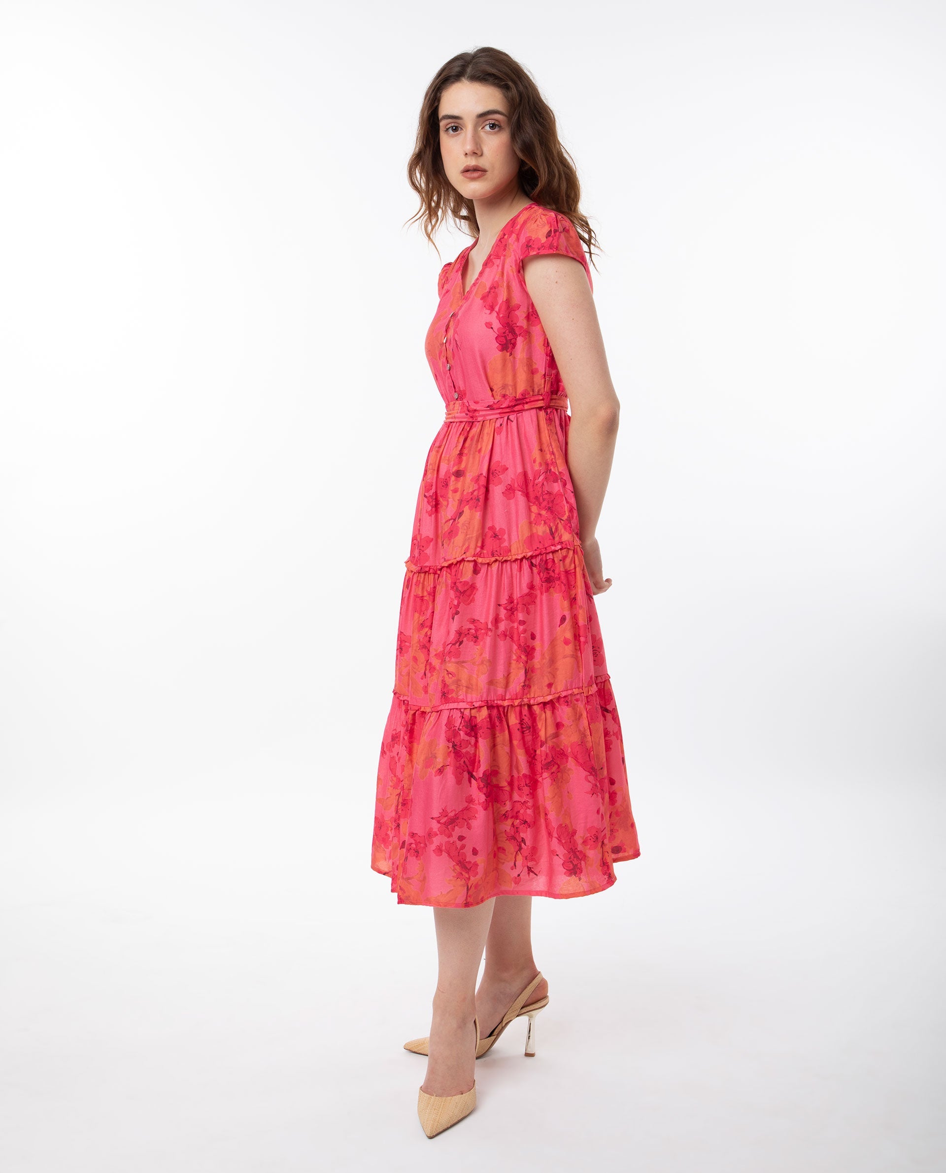 Rareism Women Rauena Pink Poly Viscose Fabric Short Sleeves Button Closure V-Neck Cap Sleeve Regular Fit Floral Print Midi Empire Dress