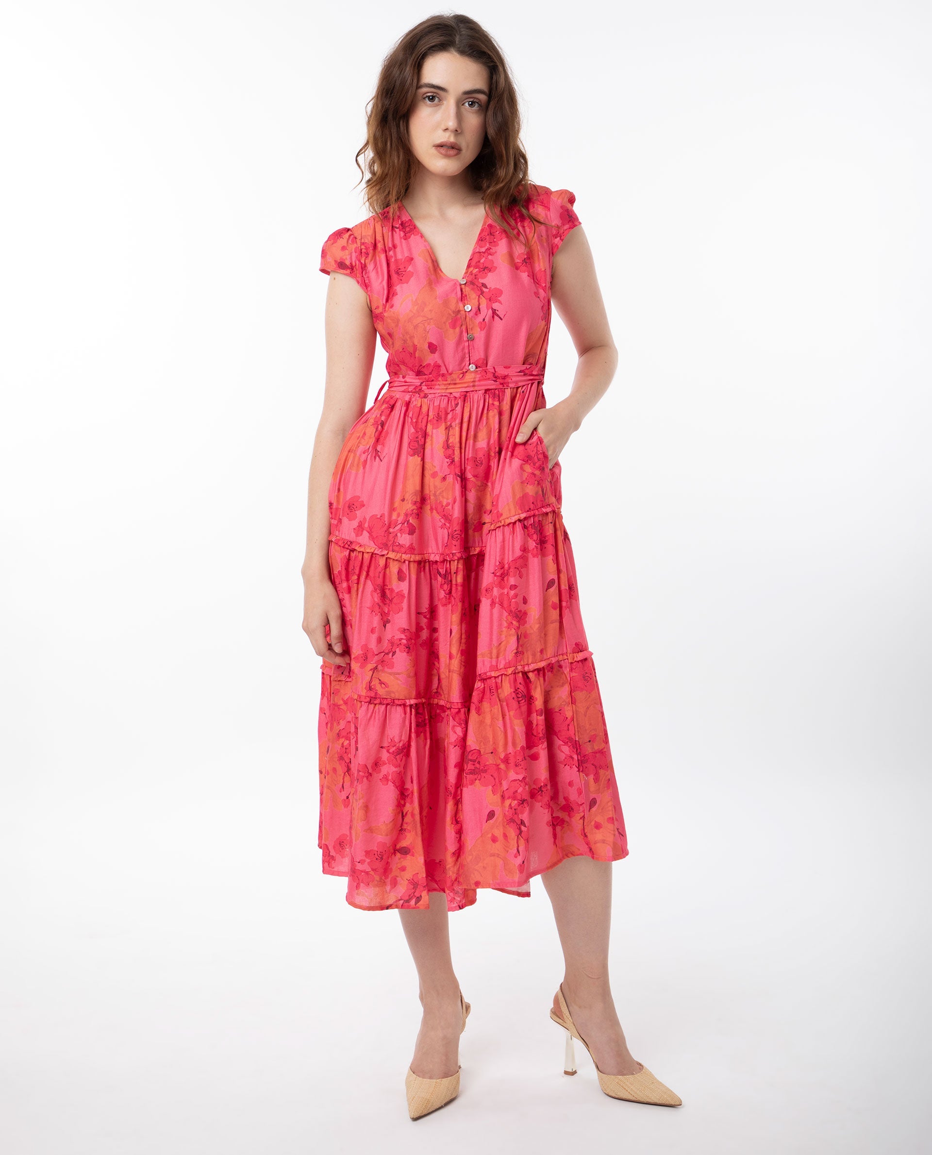 Rareism Women Rauena Pink Poly Viscose Fabric Short Sleeves Button Closure V-Neck Cap Sleeve Regular Fit Floral Print Midi Empire Dress