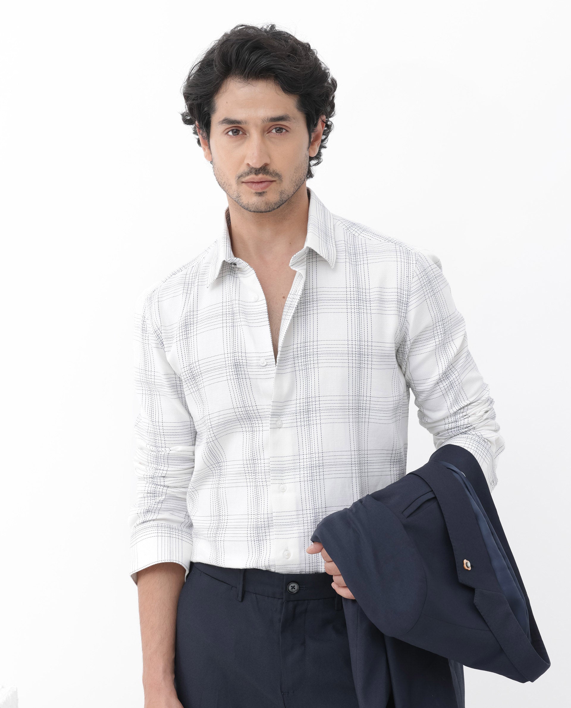 Rare Rabbit Mens Raul White Cotton Fabric Full Sleeves Checks Shirt