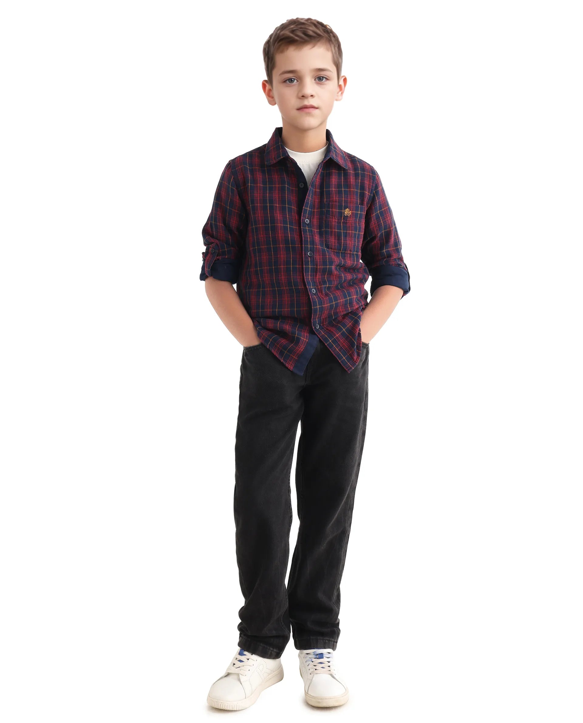 Rare Ones Kids Rava Navy Cotton Checked Button Closure Regular Fit Shirt