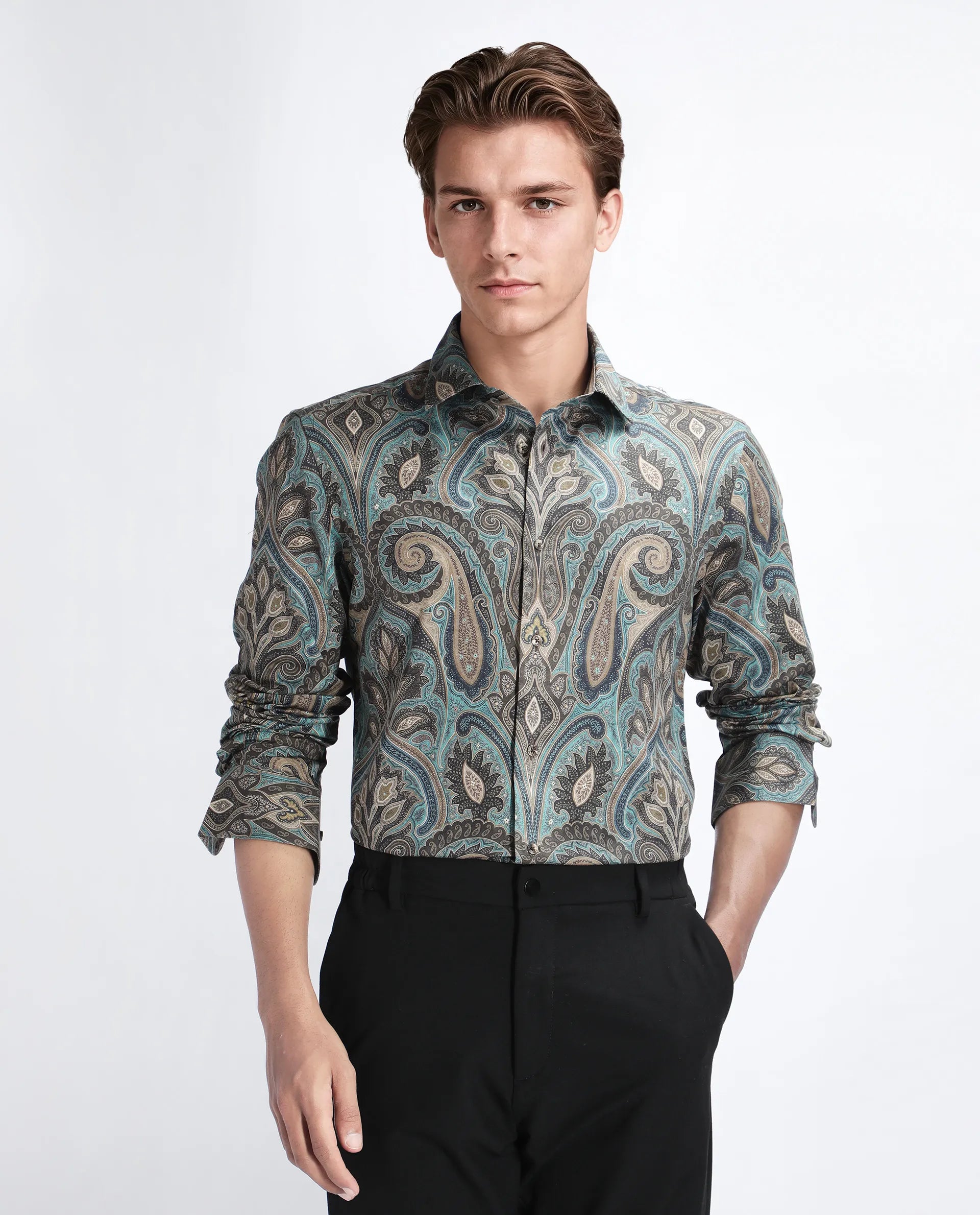 Rare Rabbit Men's Raves Green Cotton Paisley Print Regular Fit Full Sleeve Collared Shirt