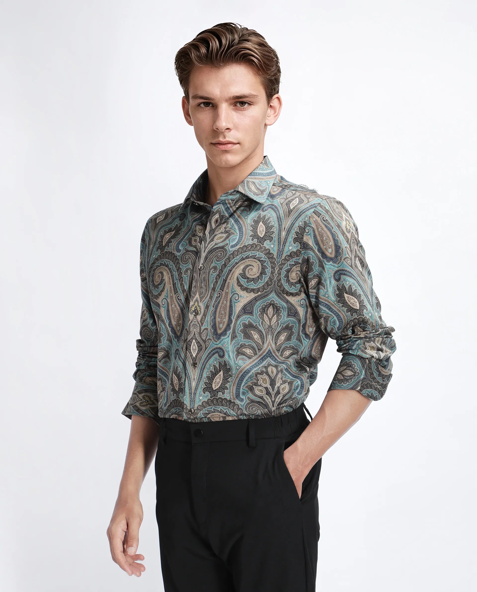 Rare Rabbit Men's Raves Green Cotton Paisley Print Regular Fit Full Sleeve Collared Shirt