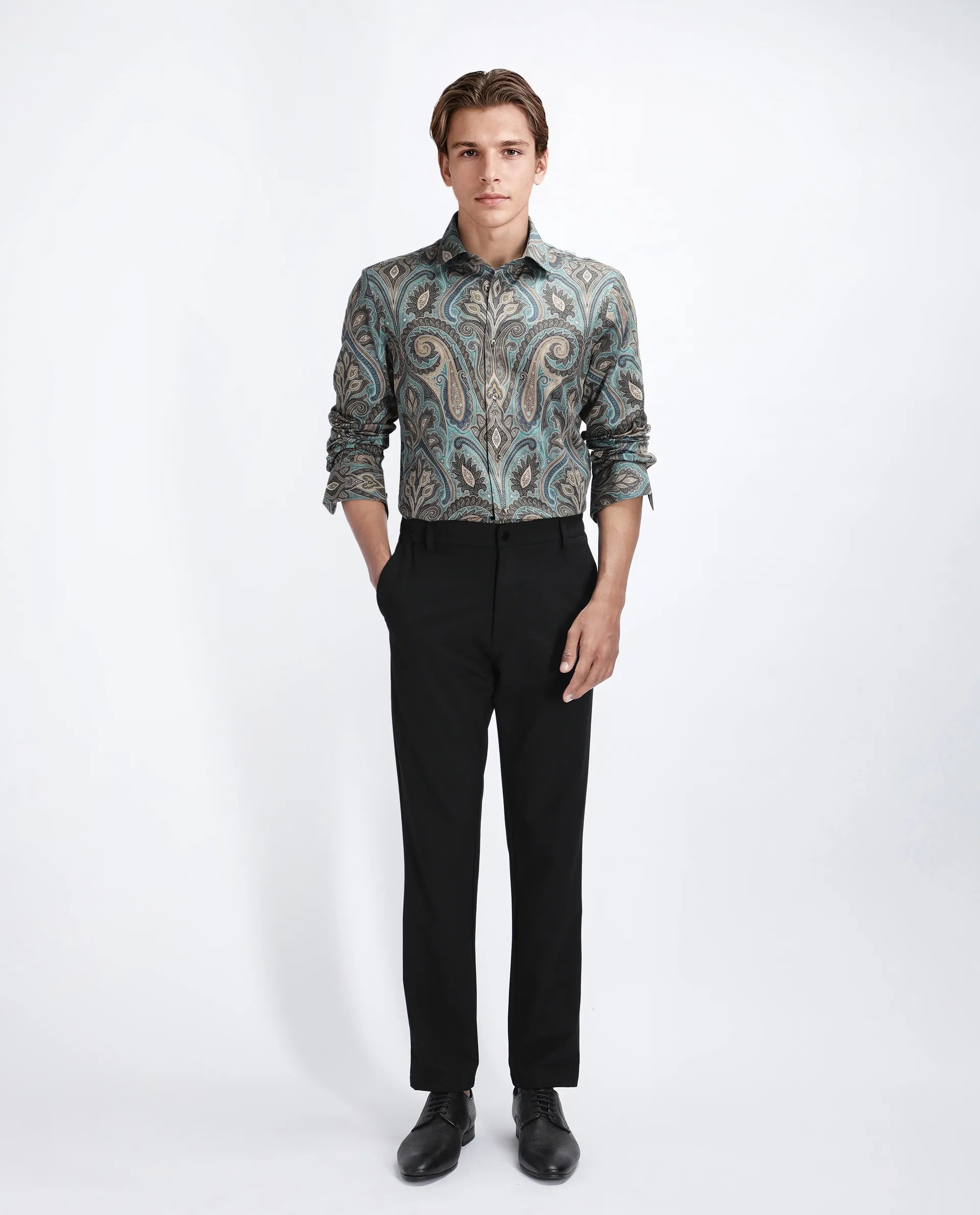 Rare Rabbit Men's Raves Green Cotton Paisley Print Regular Fit Full Sleeve Collared Shirt