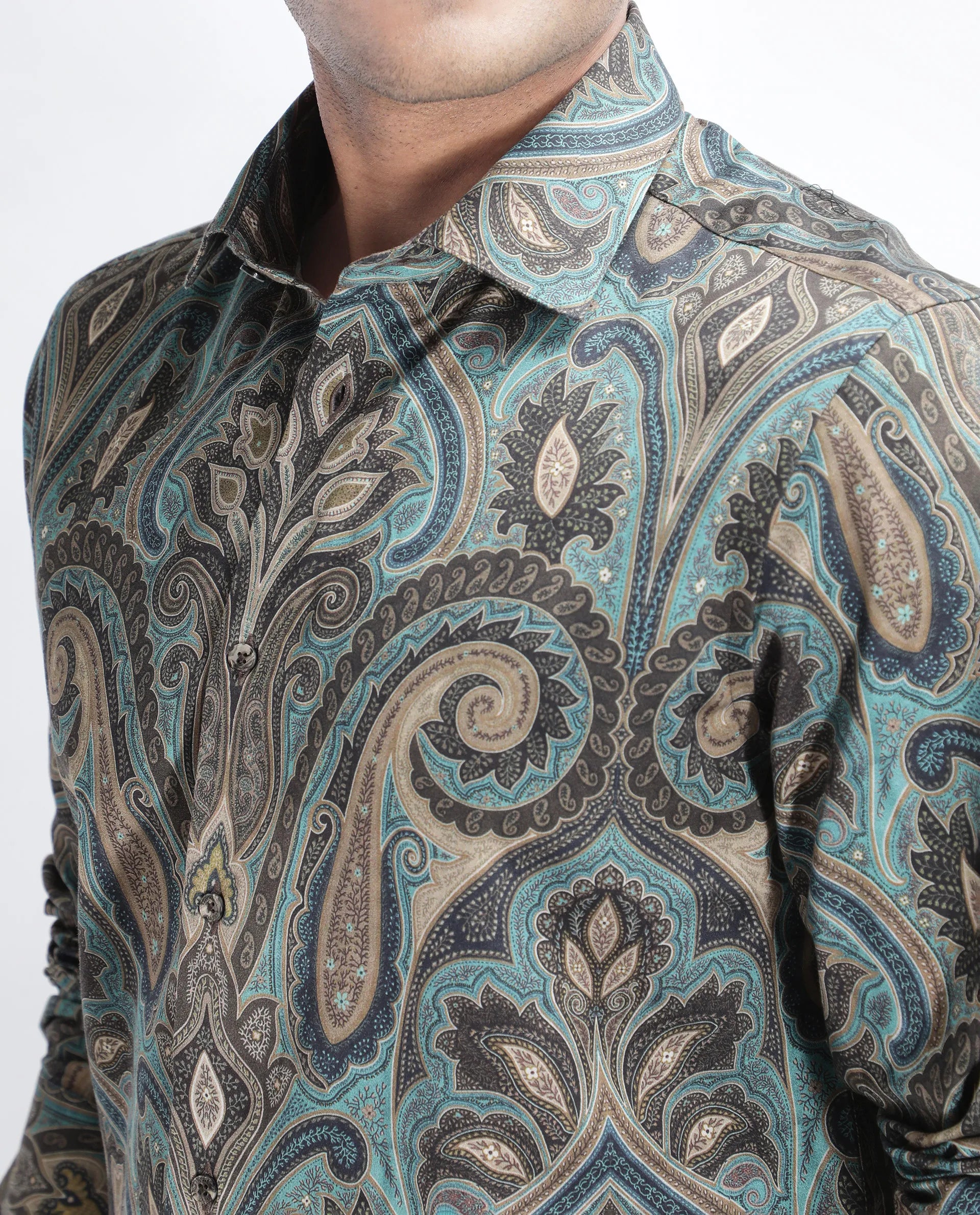 Rare Rabbit Men's Raves Green Cotton Paisley Print Regular Fit Full Sleeve Collared Shirt