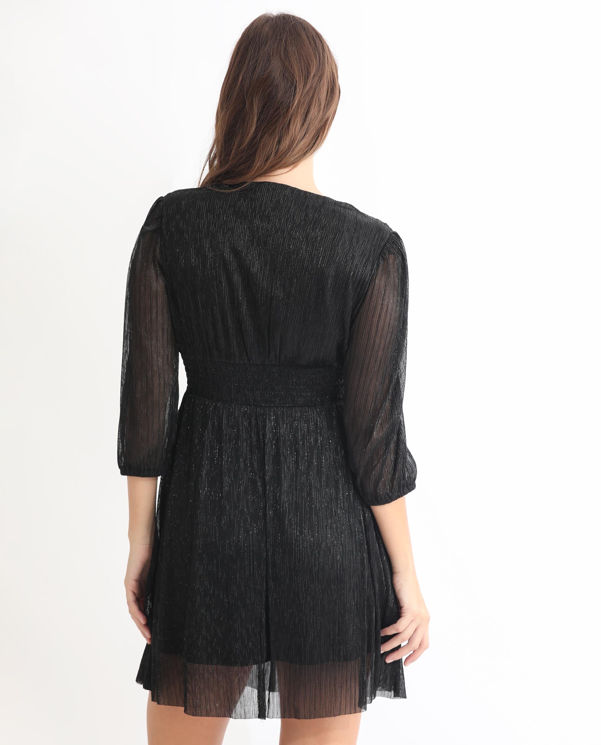 Rareism Women Ravin Metallic Black V Neck 3/4 Sleeves Shimmer Mini Party Dress