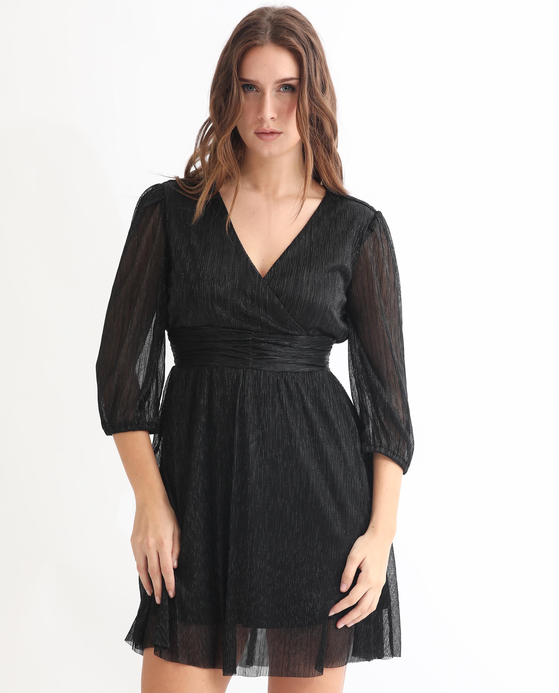 Rareism Women Ravin Metallic Black V Neck 3/4 Sleeves Shimmer Mini Party Dress