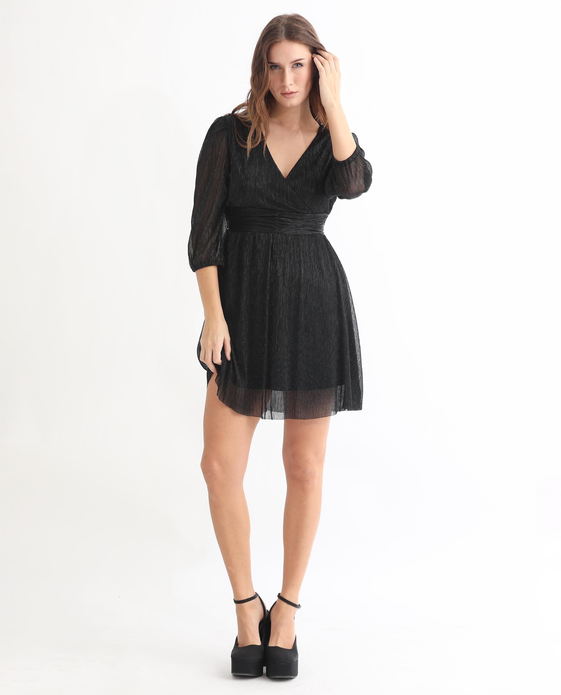 Rareism Women Ravin Metallic Black V Neck 3/4 Sleeves Shimmer Mini Party Dress