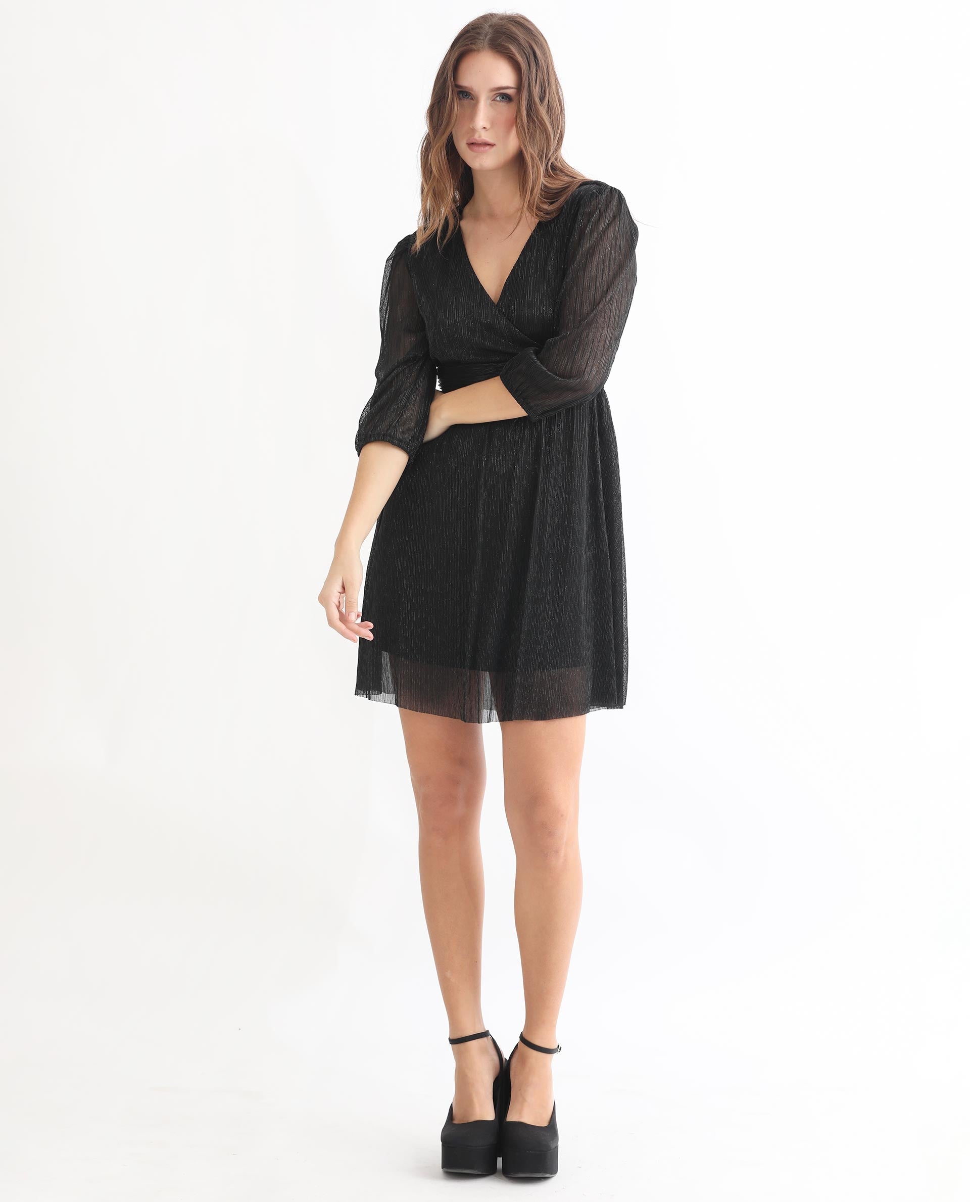 Rareism Women Ravin Metallic Black V Neck 3/4 Sleeves Shimmer Mini Party Dress