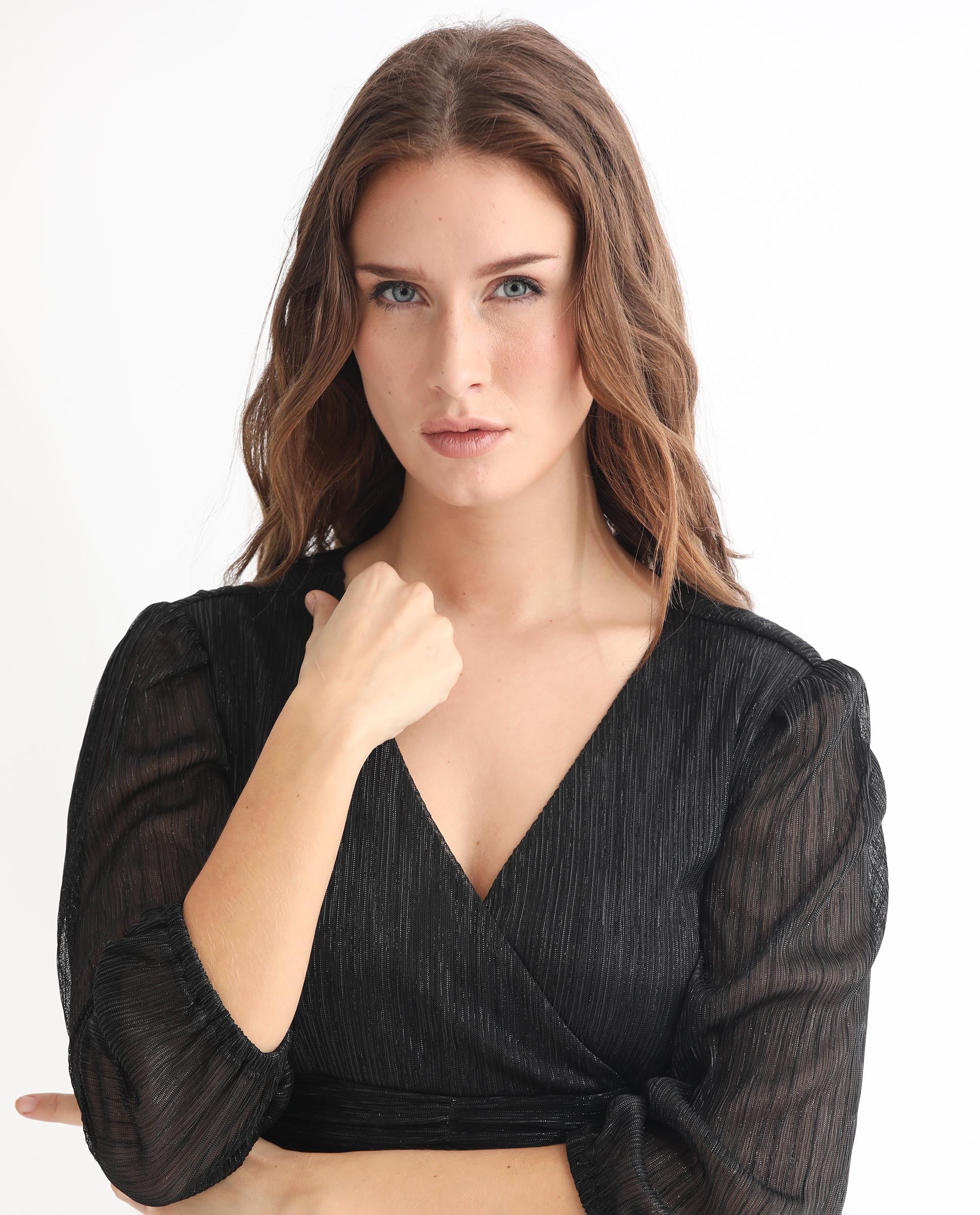 Rareism Women Ravin Metallic Black V Neck 3/4 Sleeves Shimmer Mini Party Dress