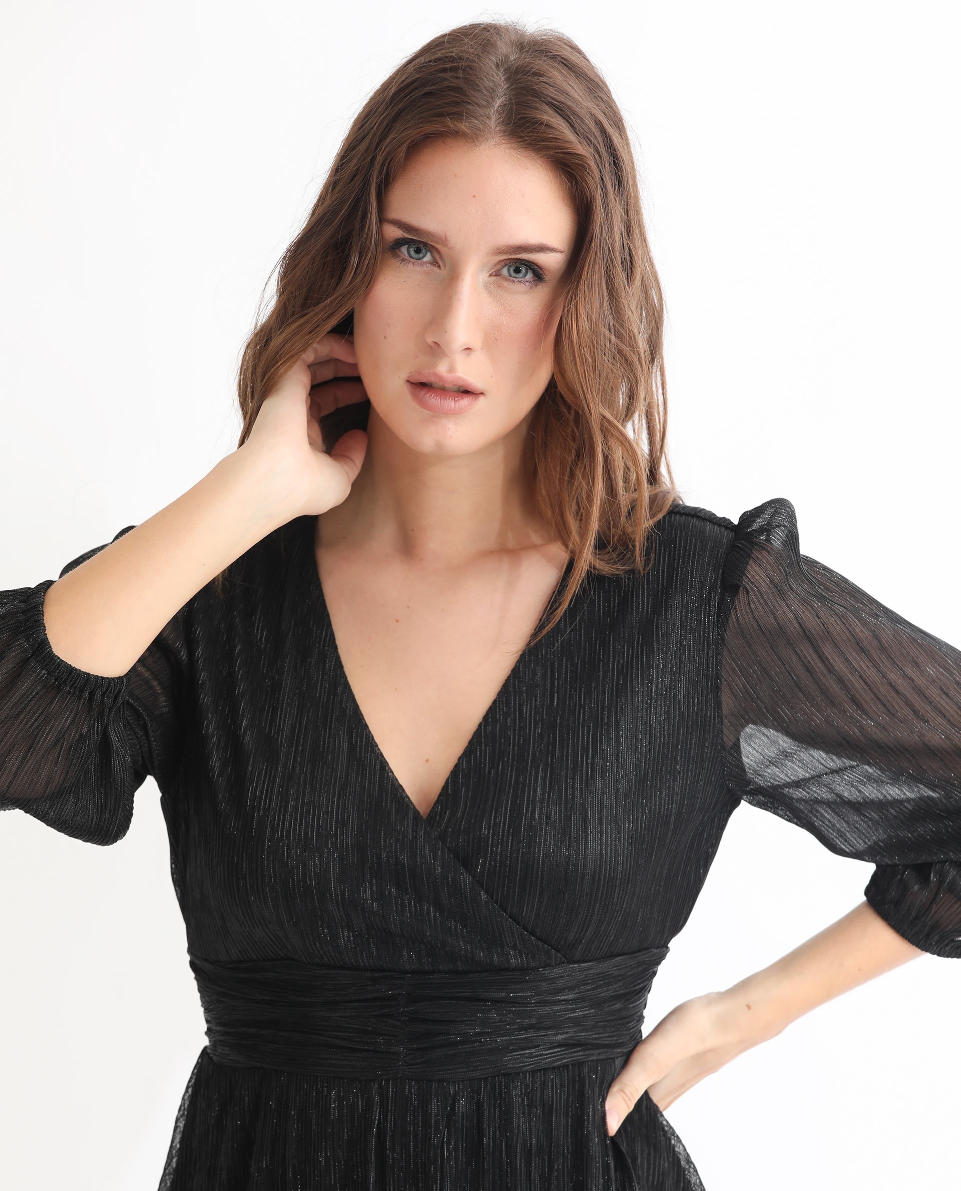 Rareism Women Ravin Metallic Black V Neck 3/4 Sleeves Shimmer Mini Party Dress