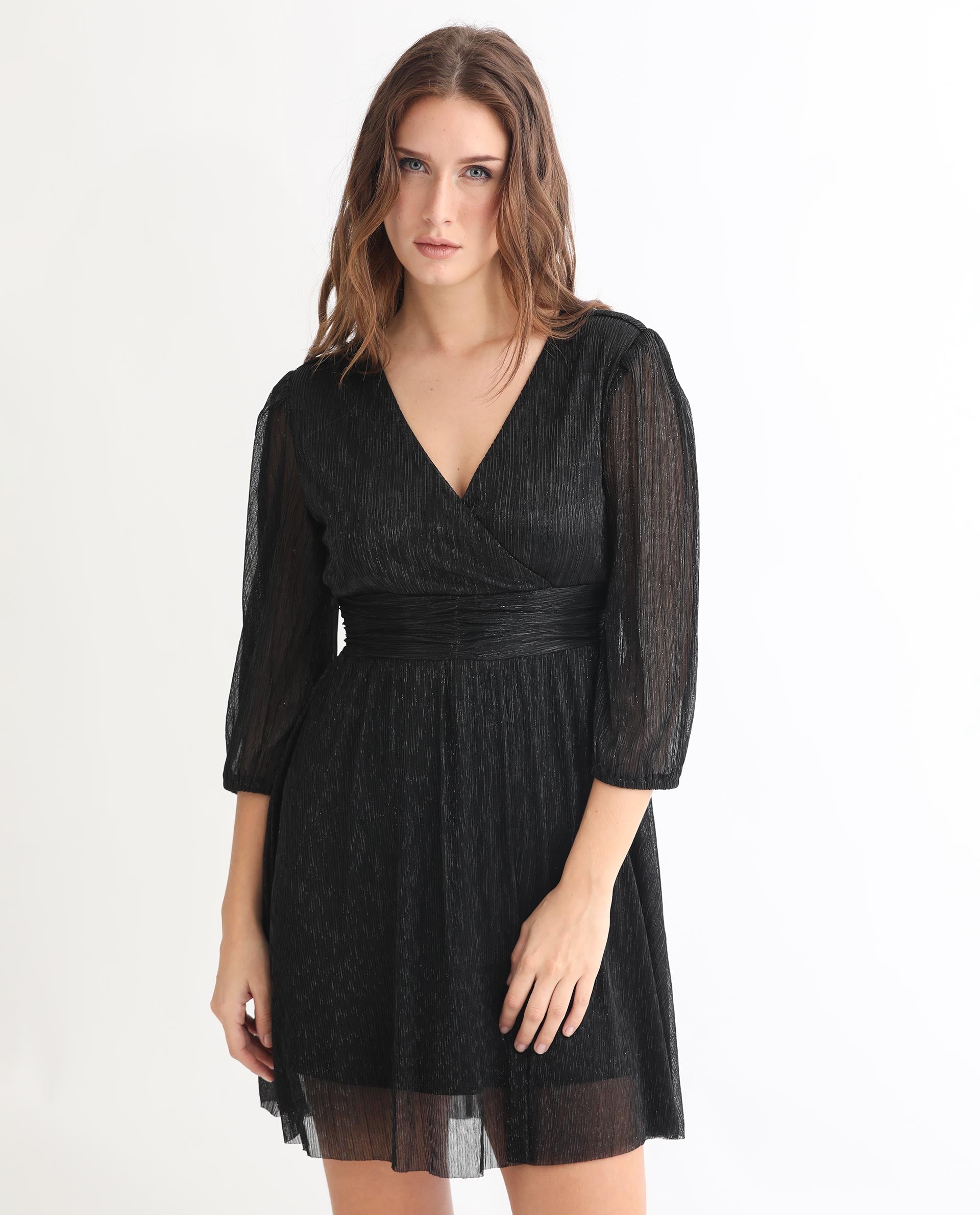 Rareism Women Ravin Metallic Black V Neck 3/4 Sleeves Shimmer Mini Party Dress