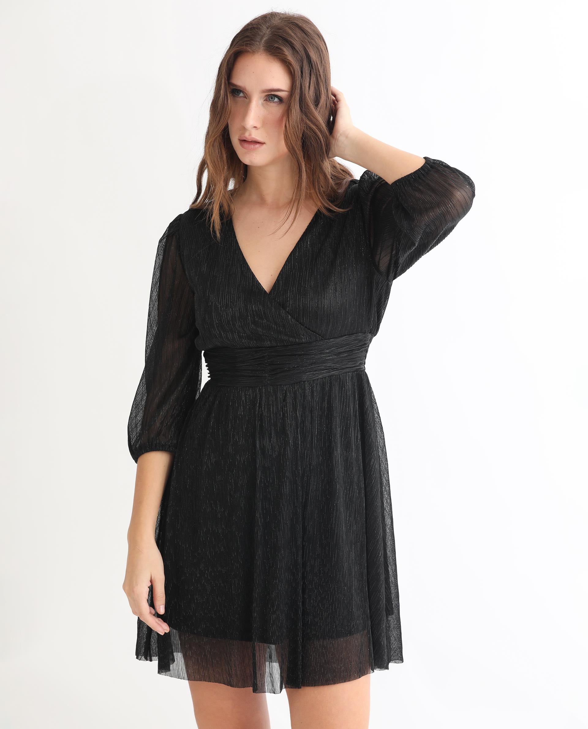 Rareism Women Ravin Metallic Black V Neck 3/4 Sleeves Shimmer Mini Party Dress