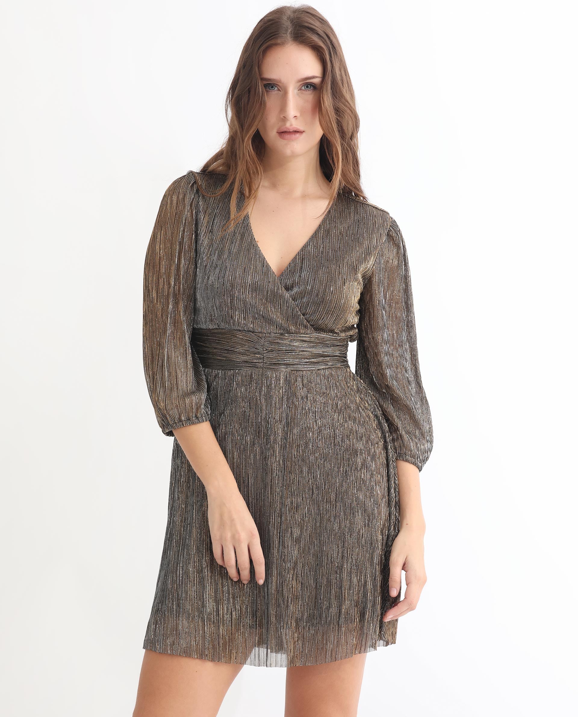 Rareism Women Ravin Metallic Gold V Neck 3/4 Sleeves Shimmer Mini Party Dress