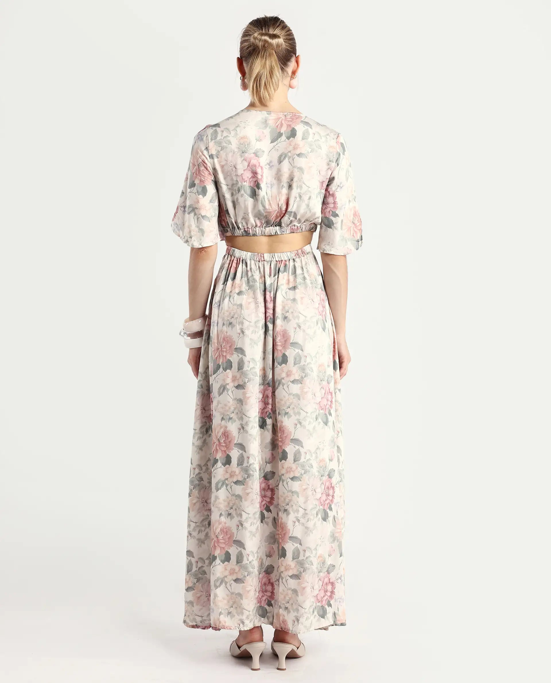 Rareism Women's Ravin Multi Cotton Blend Overlap Neck Floral Print Maxi Fit And Flare Dress