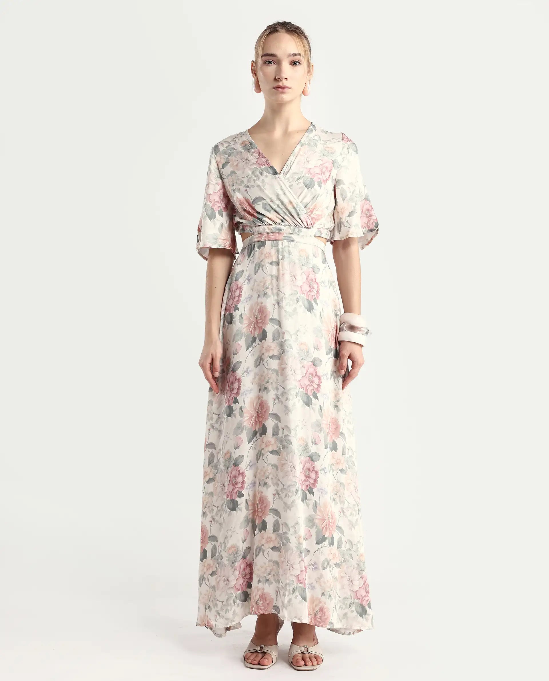 Rareism Women's Ravin Multi Cotton Blend Overlap Neck Floral Print Maxi Fit And Flare Dress