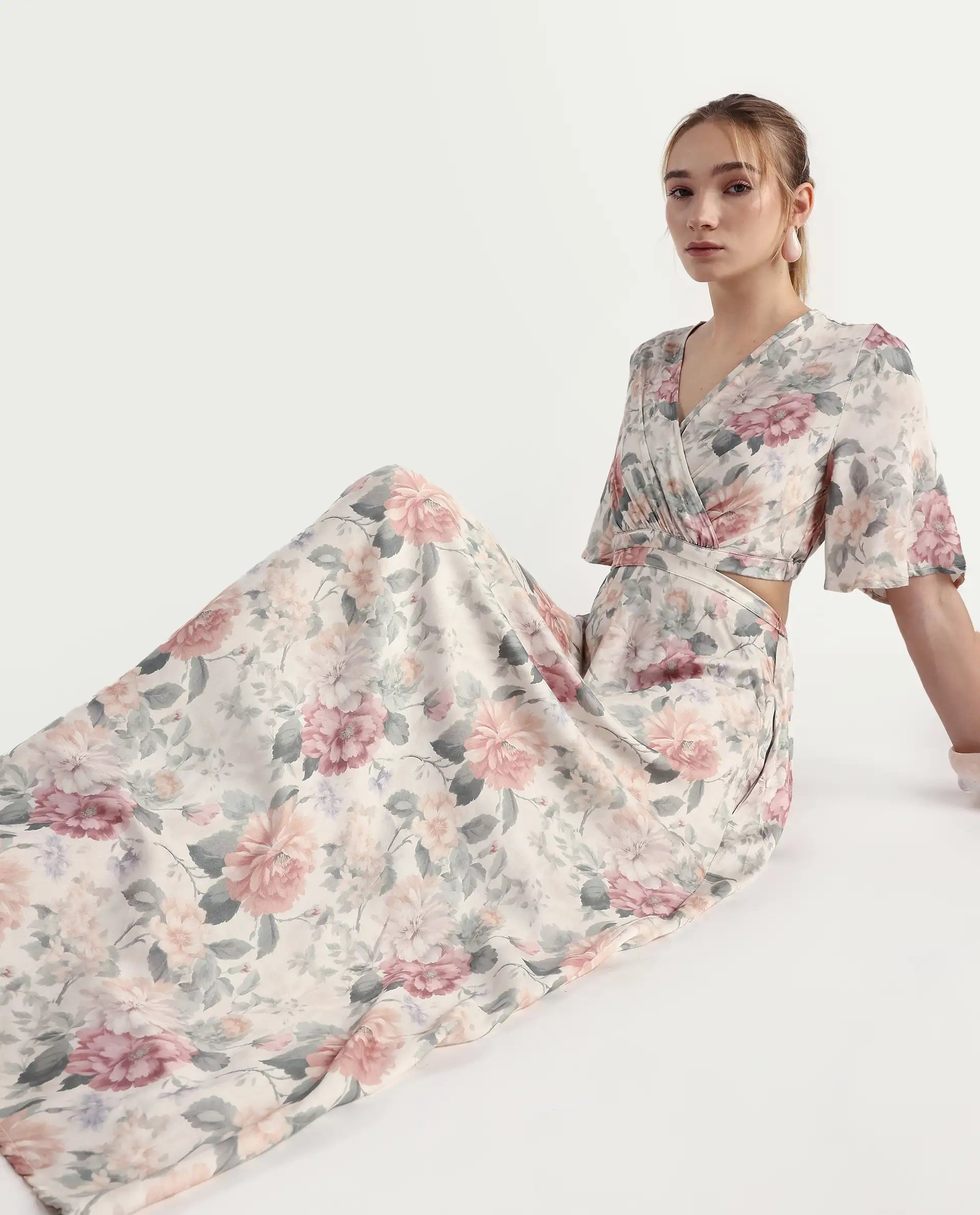 Rareism Women's Ravin Multi Cotton Blend Overlap Neck Floral Print Maxi Fit And Flare Dress