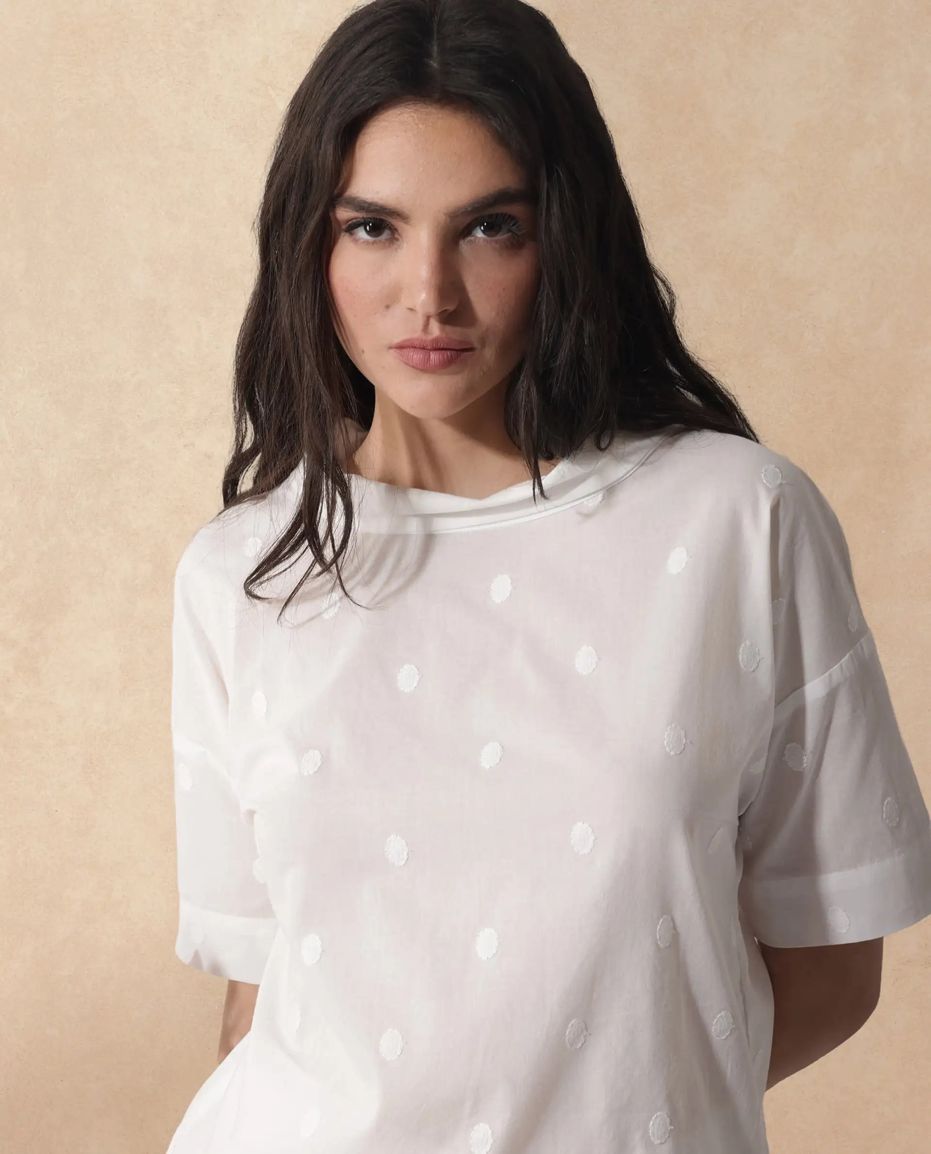 Rareism Women Raviolt White Cotton Fabric Regular Sleeves V-Neck Solid Regular Length Top