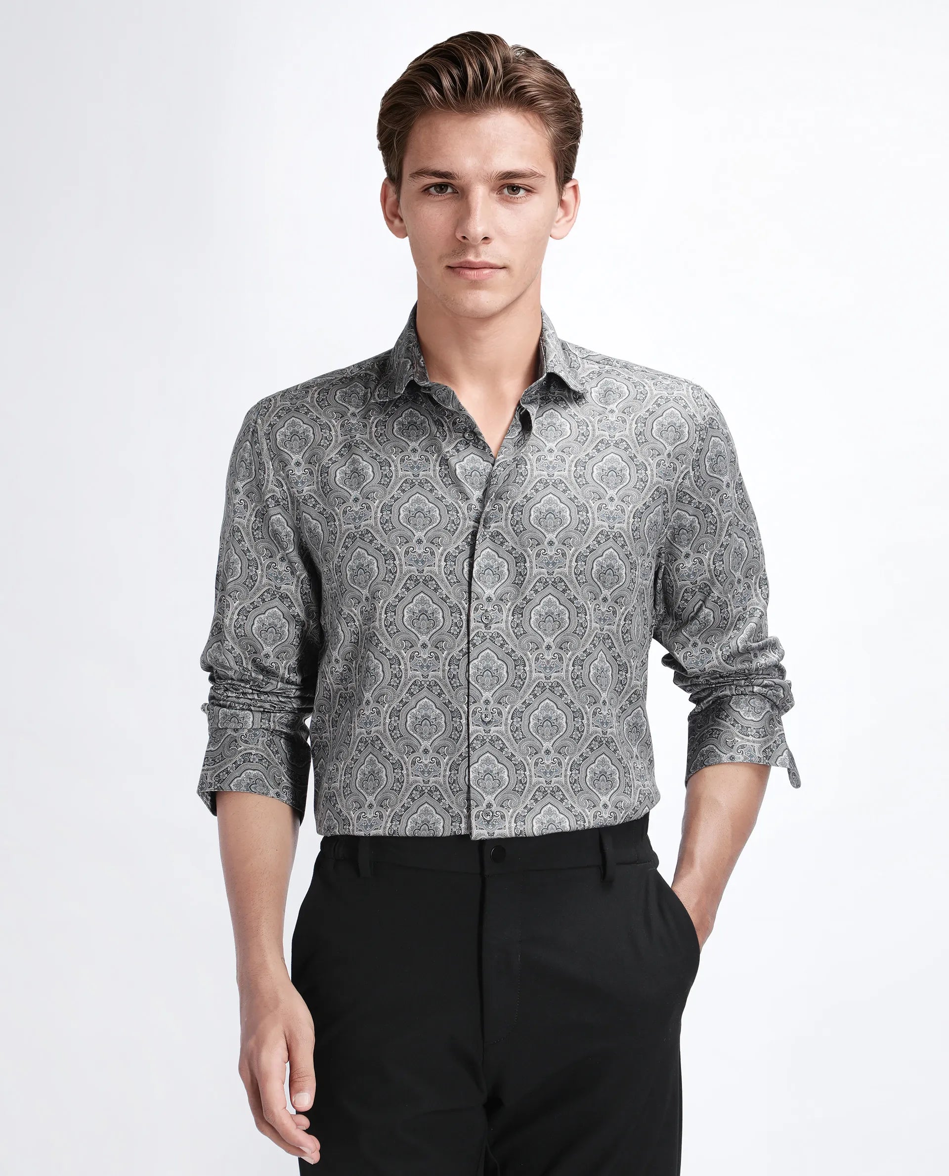 Rare Rabbit Men's Raya Dark Grey Viscose Blend Paisley Print Regular Fit Full Sleeve Collared Shirt