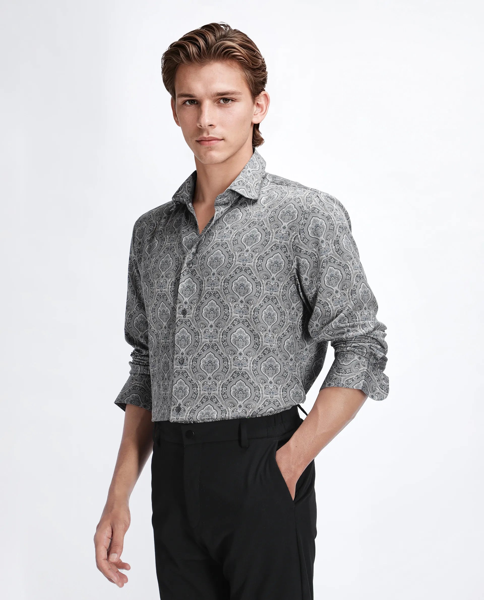 Rare Rabbit Men's Raya Dark Grey Viscose Blend Paisley Print Regular Fit Full Sleeve Collared Shirt