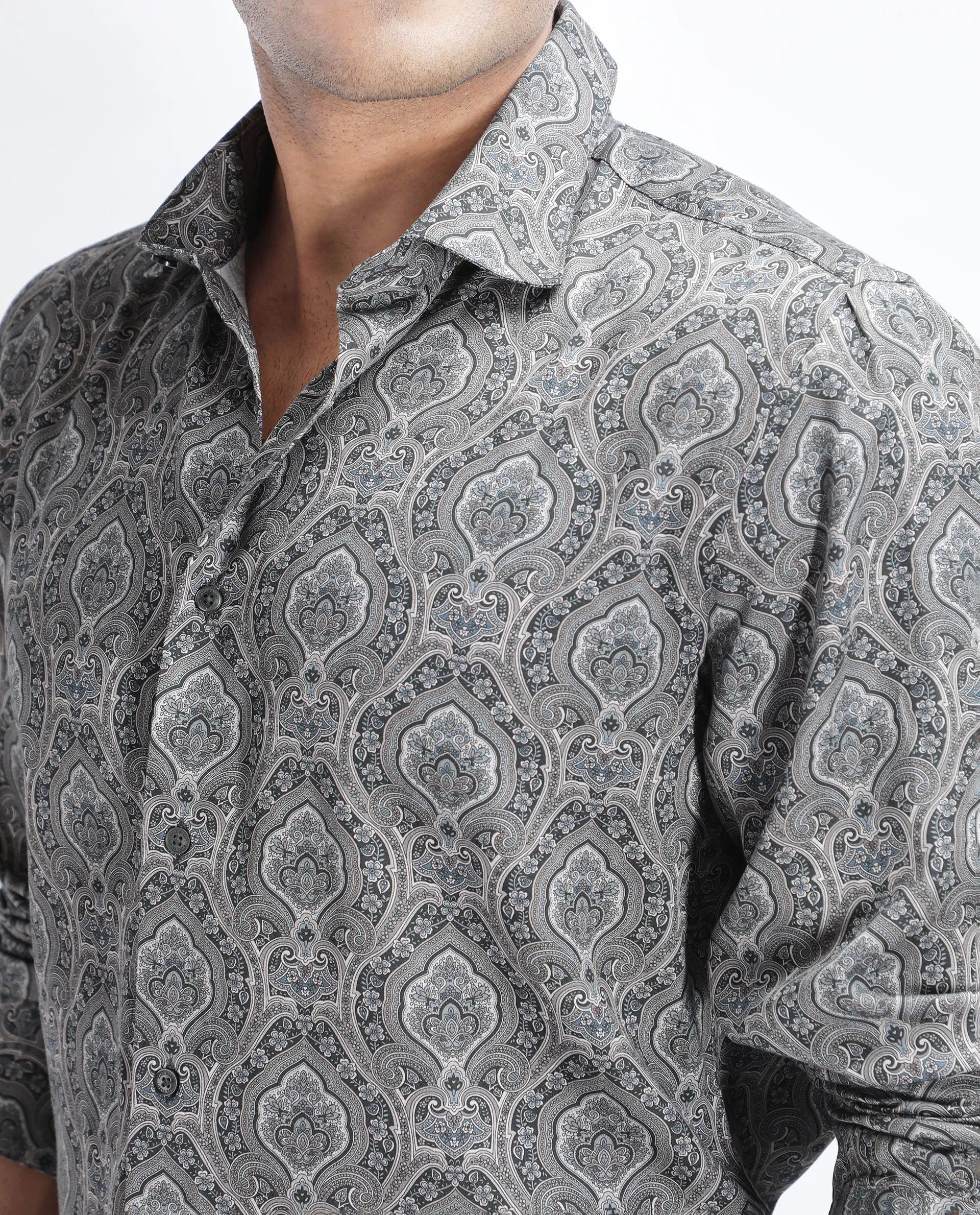 Rare Rabbit Men's Raya Dark Grey Viscose Blend Paisley Print Regular Fit Full Sleeve Collared Shirt