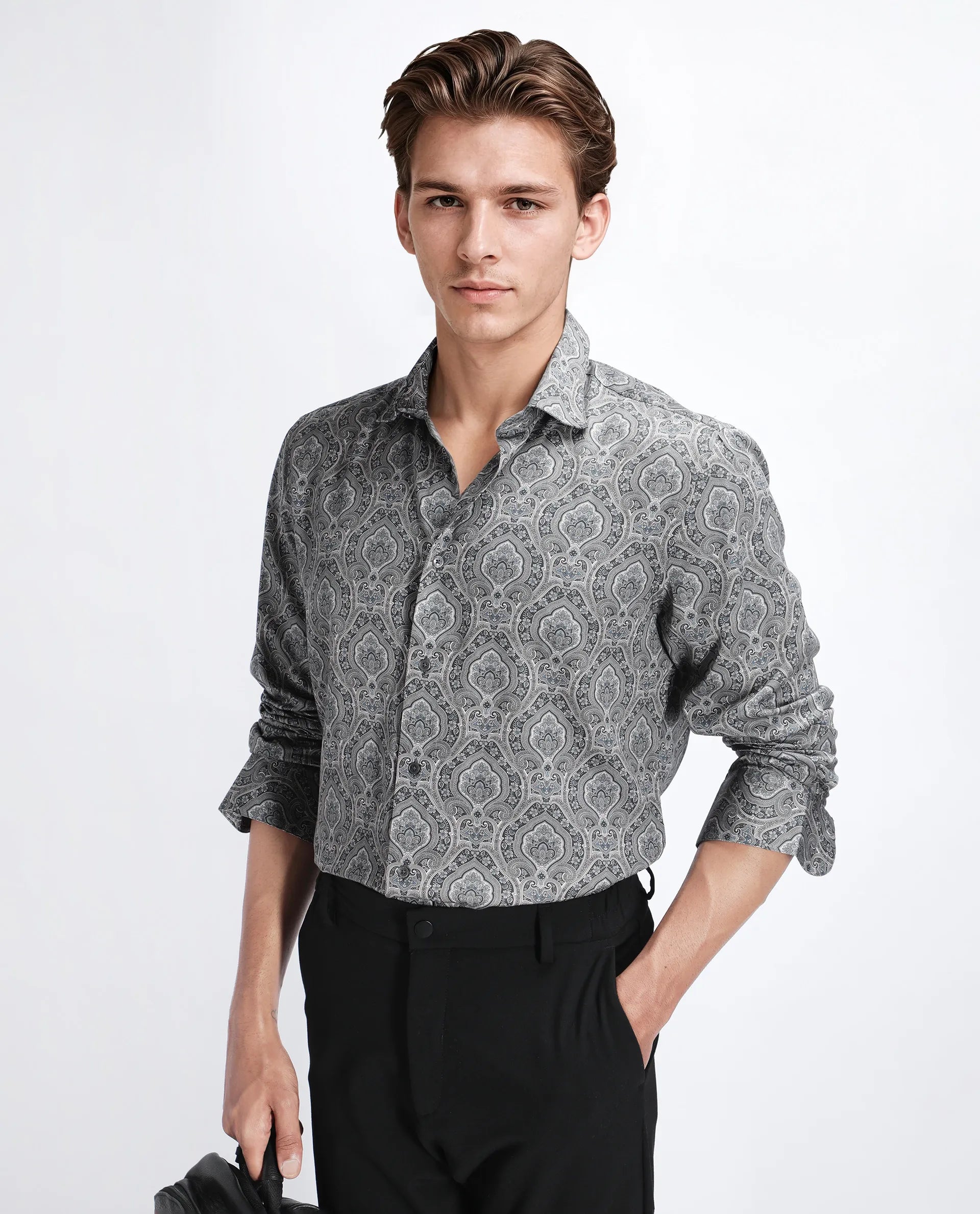 Rare Rabbit Men's Raya Dark Grey Viscose Blend Paisley Print Regular Fit Full Sleeve Collared Shirt