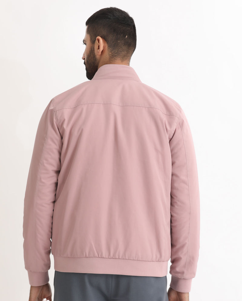RARE RABBIT MENS ROYBAN PINK JACKET POLYESTER FABRIC HIGH NECK WOVEN FULL SLEEVES BUTTON AND ZIP CLOSURE COMFORTABLE FIT