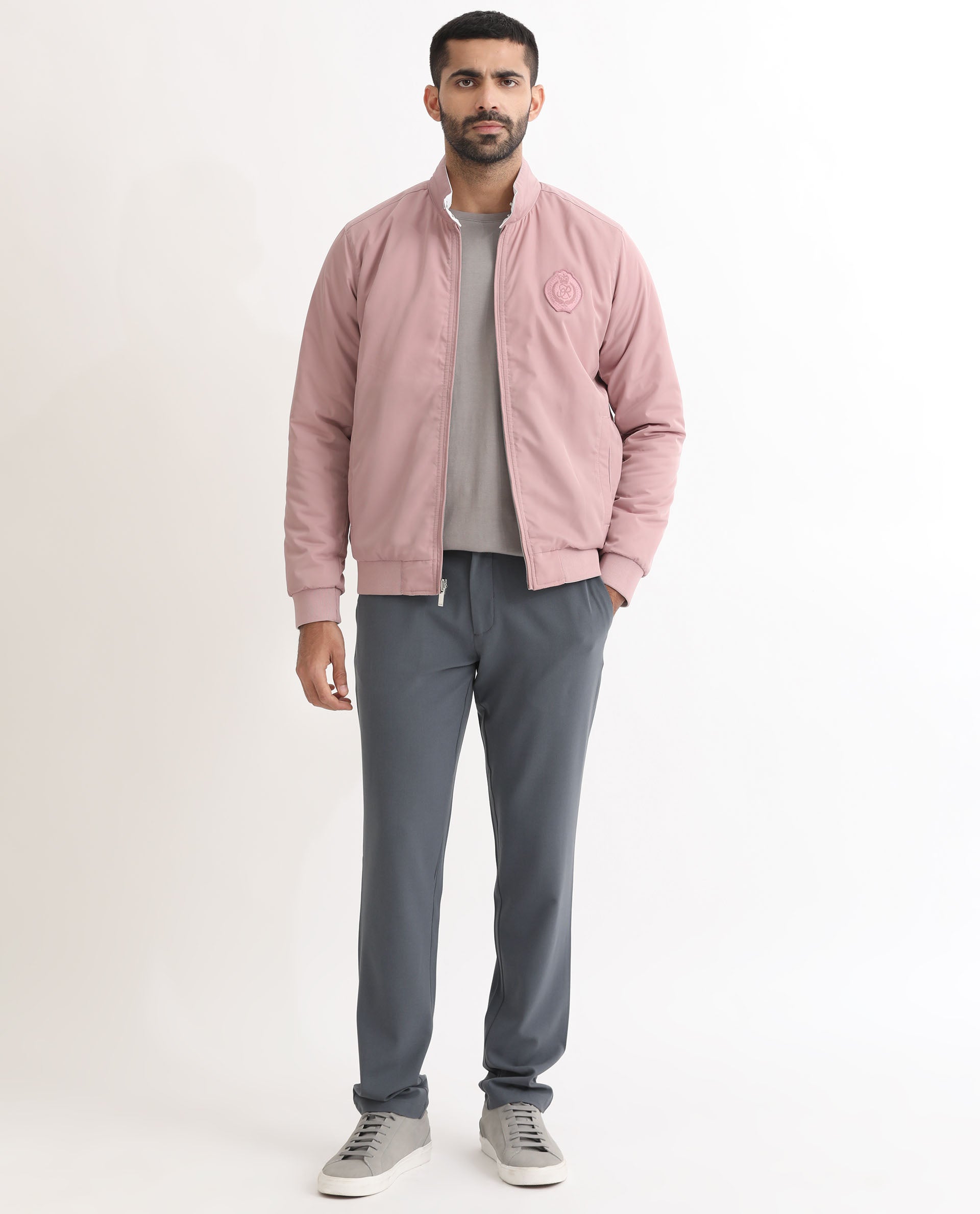 Rare Rabbit Men's Royban Pink Classic Mandarin Collar Bomber Jacket