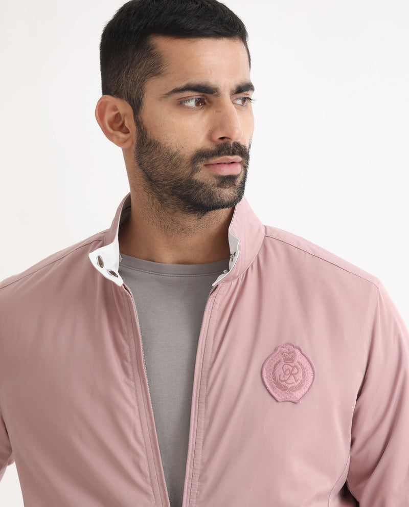 RARE RABBIT MENS ROYBAN PINK JACKET POLYESTER FABRIC HIGH NECK WOVEN FULL SLEEVES BUTTON AND ZIP CLOSURE COMFORTABLE FIT