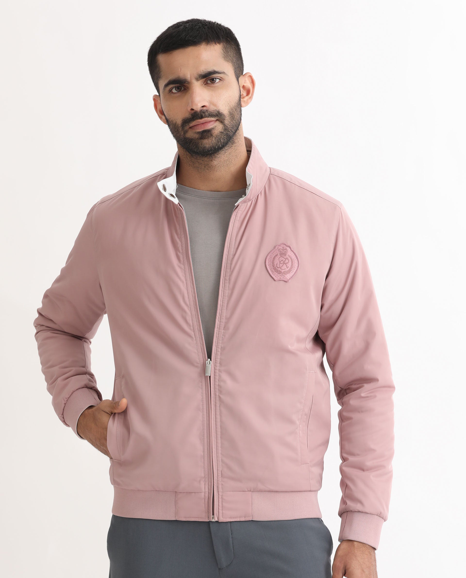 Rare Rabbit Men's Royban Pink Classic Mandarin Collar Bomber Jacket