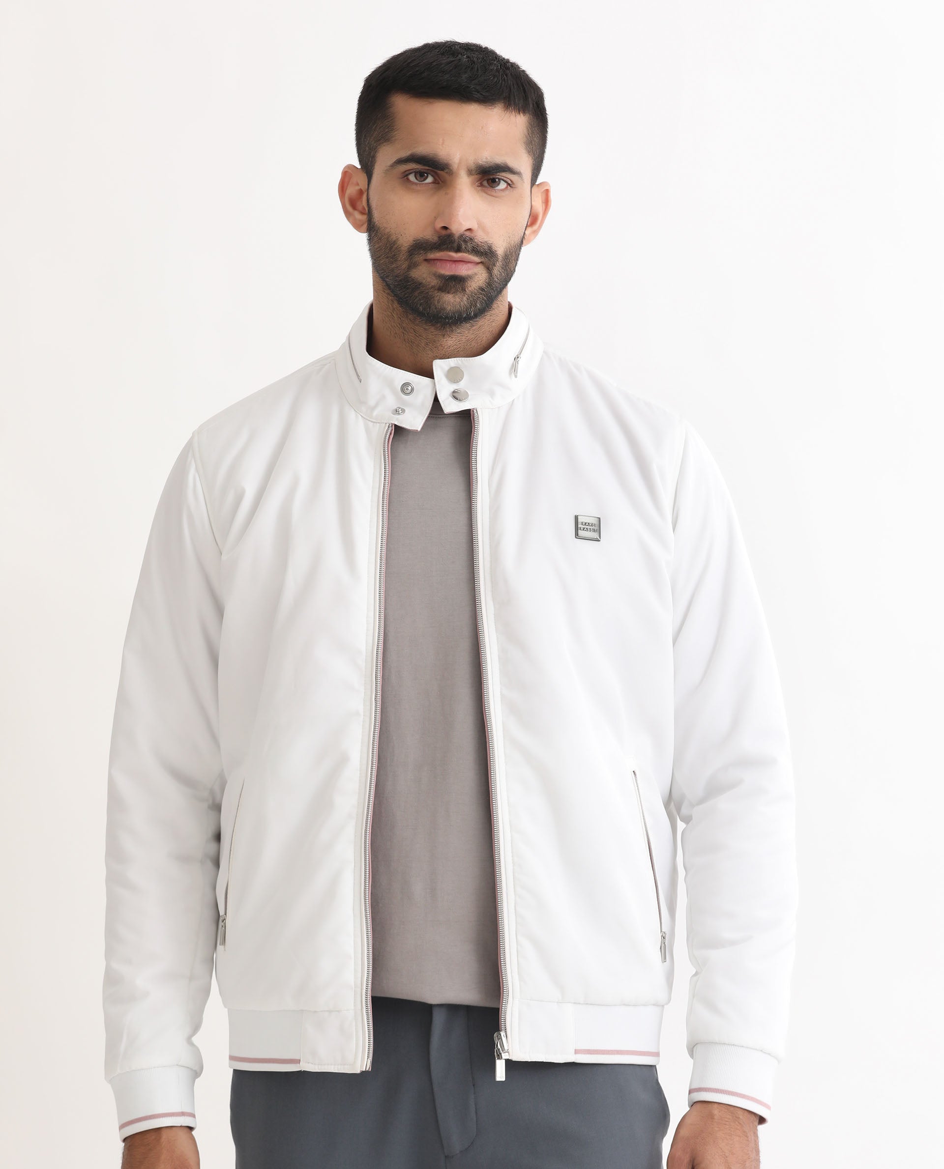 Rare Rabbit Men's Royban Pink Classic Mandarin Collar Bomber Jacket