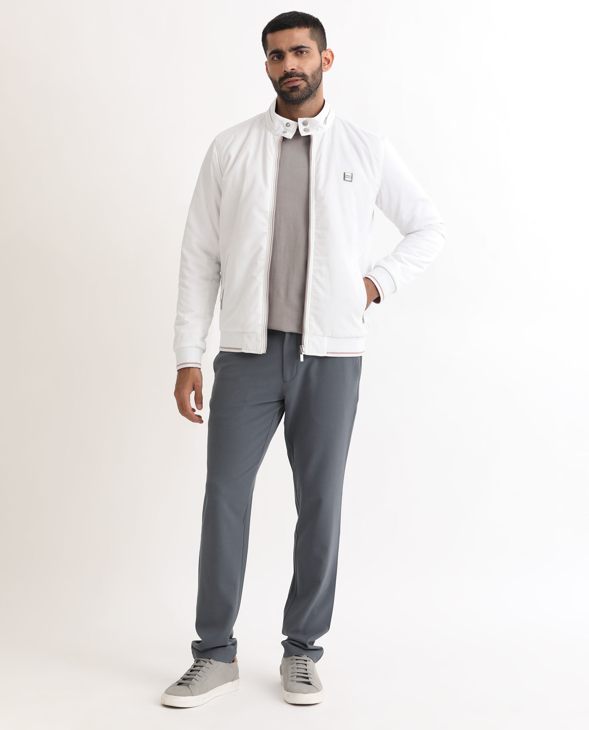 Rare Rabbit Men's Royban Pink Classic Mandarin Collar Bomber Jacket