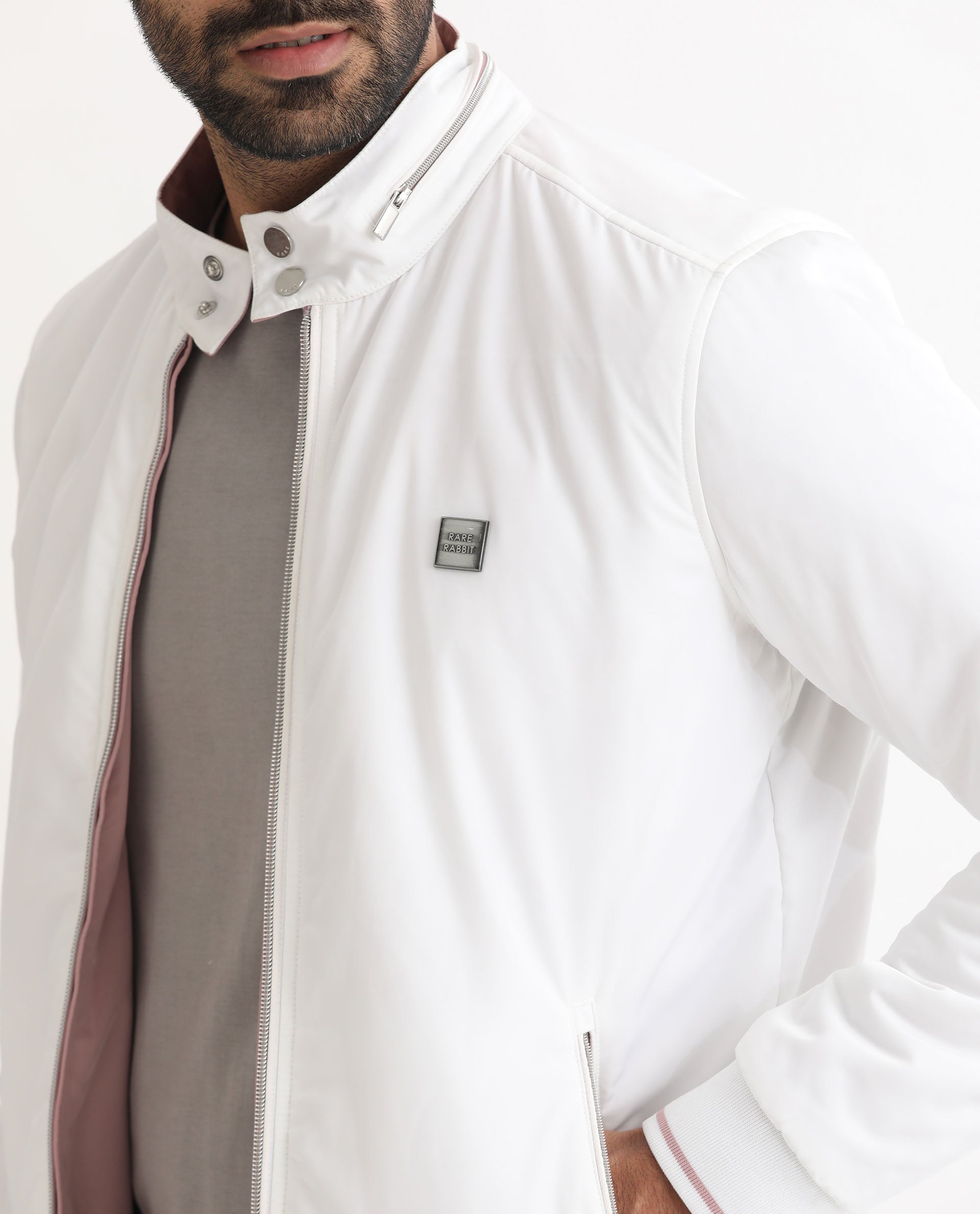 Rare Rabbit Men's Royban Pink Classic Mandarin Collar Bomber Jacket