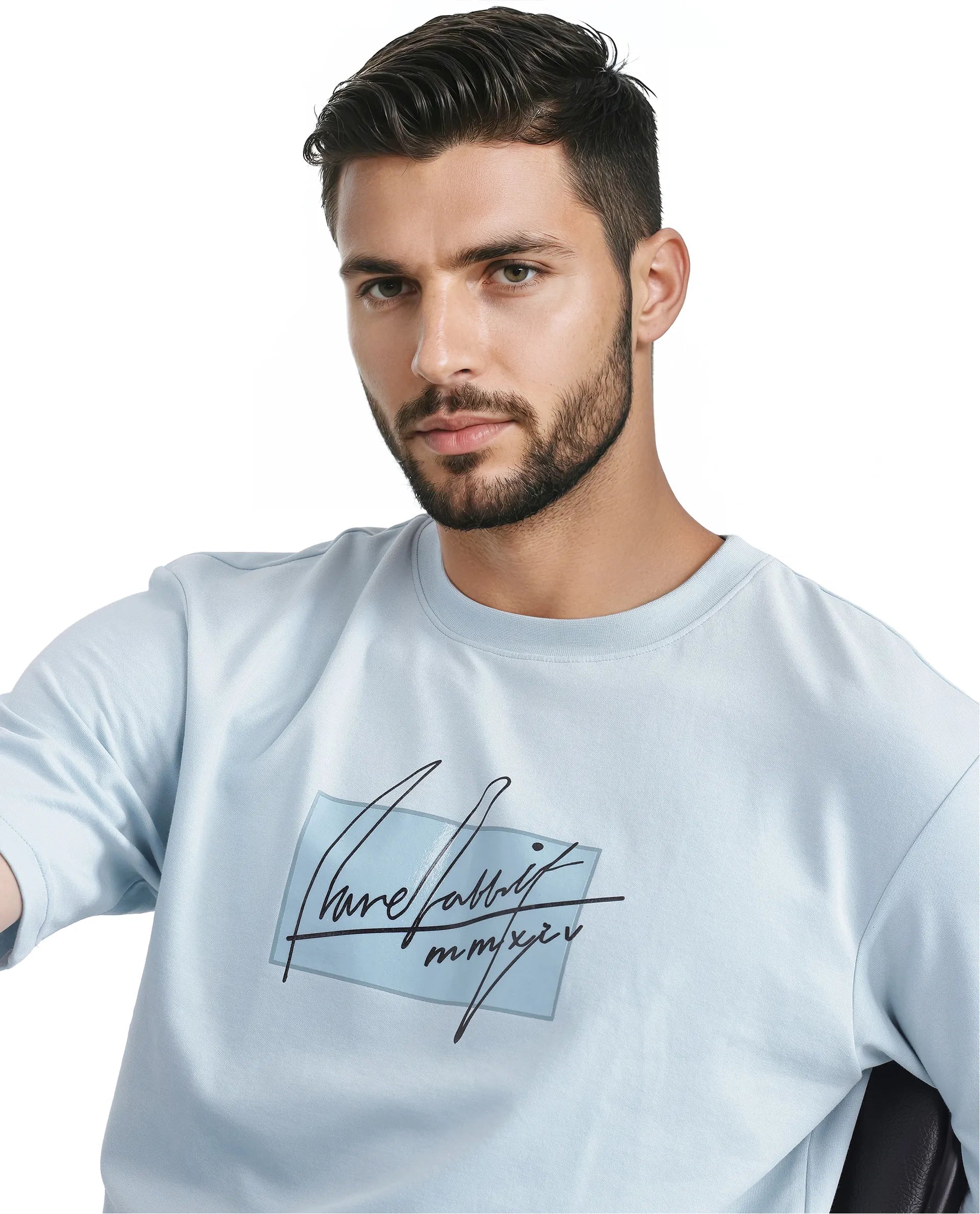 Rare Rabbit Men Raydo Light Blue Cotton Polyester Fabric Short Sleeve Crew Neck Boxy Fit Graphic Print T-Shirt