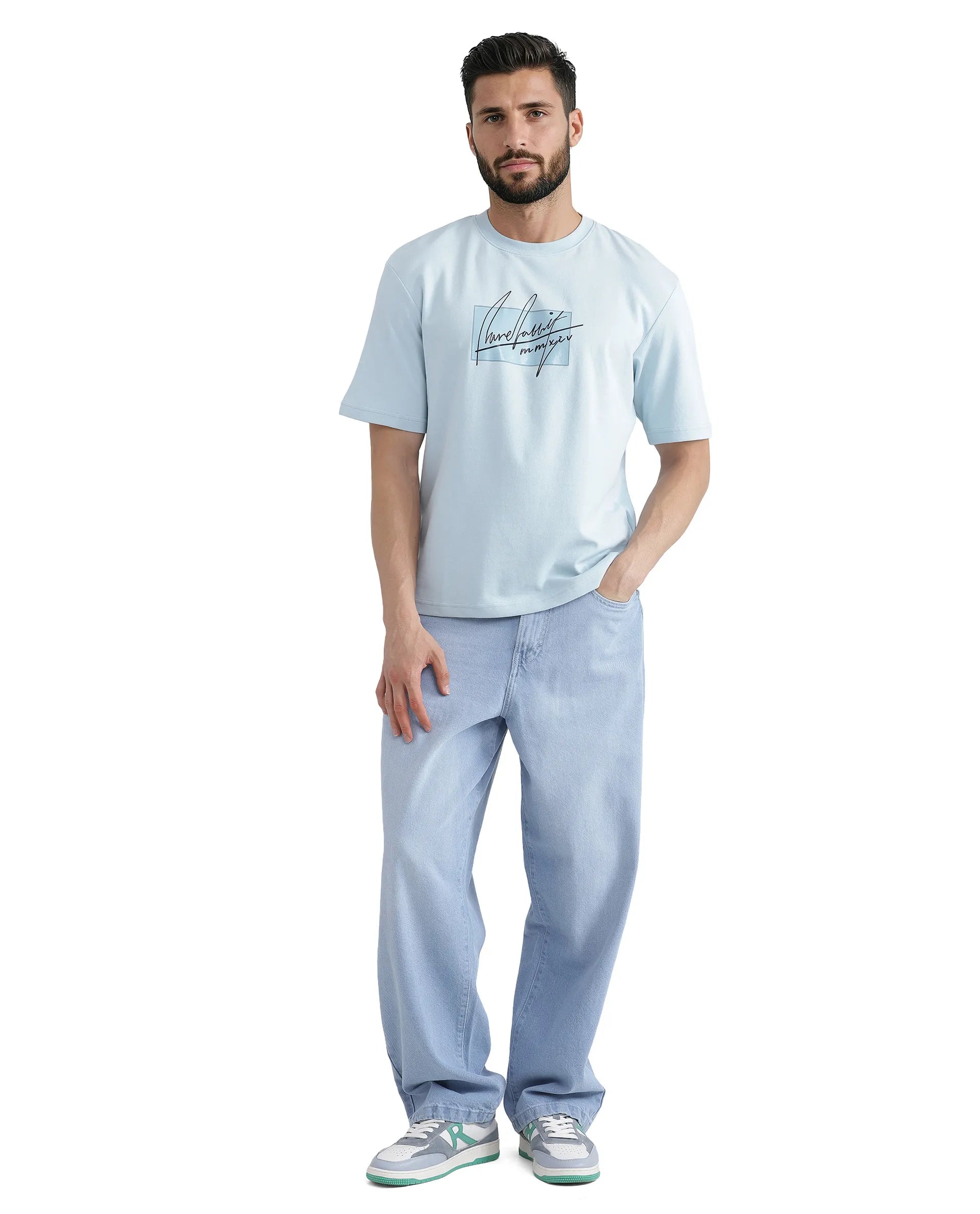 Rare Rabbit Men Raydo Light Blue Cotton Polyester Fabric Short Sleeve Crew Neck Boxy Fit Graphic Print T-Shirt