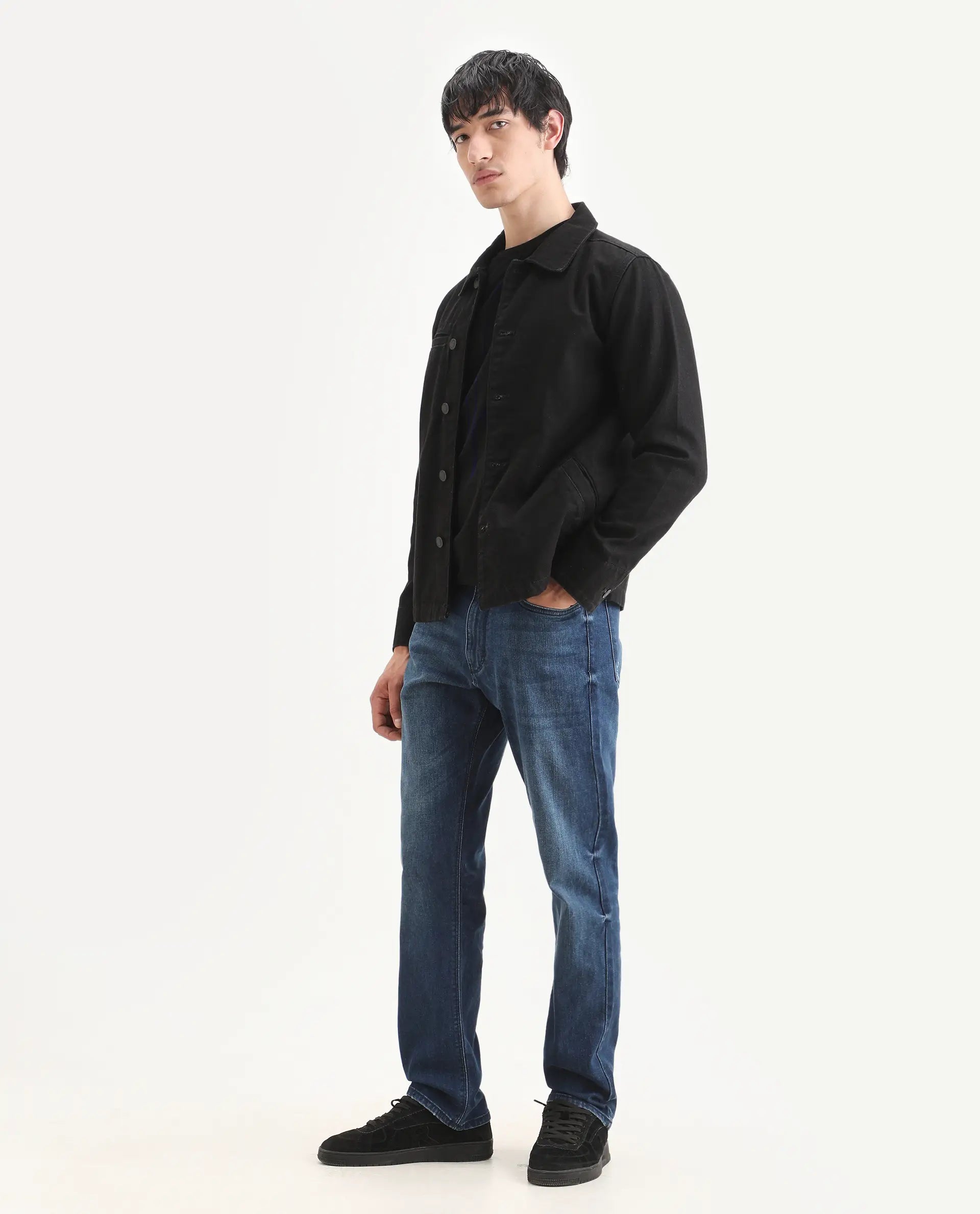 Rare Rabbit Men's Rayl Dark Blue Cotton Blend Fabric Morris Regular Fit Plain Jeans
