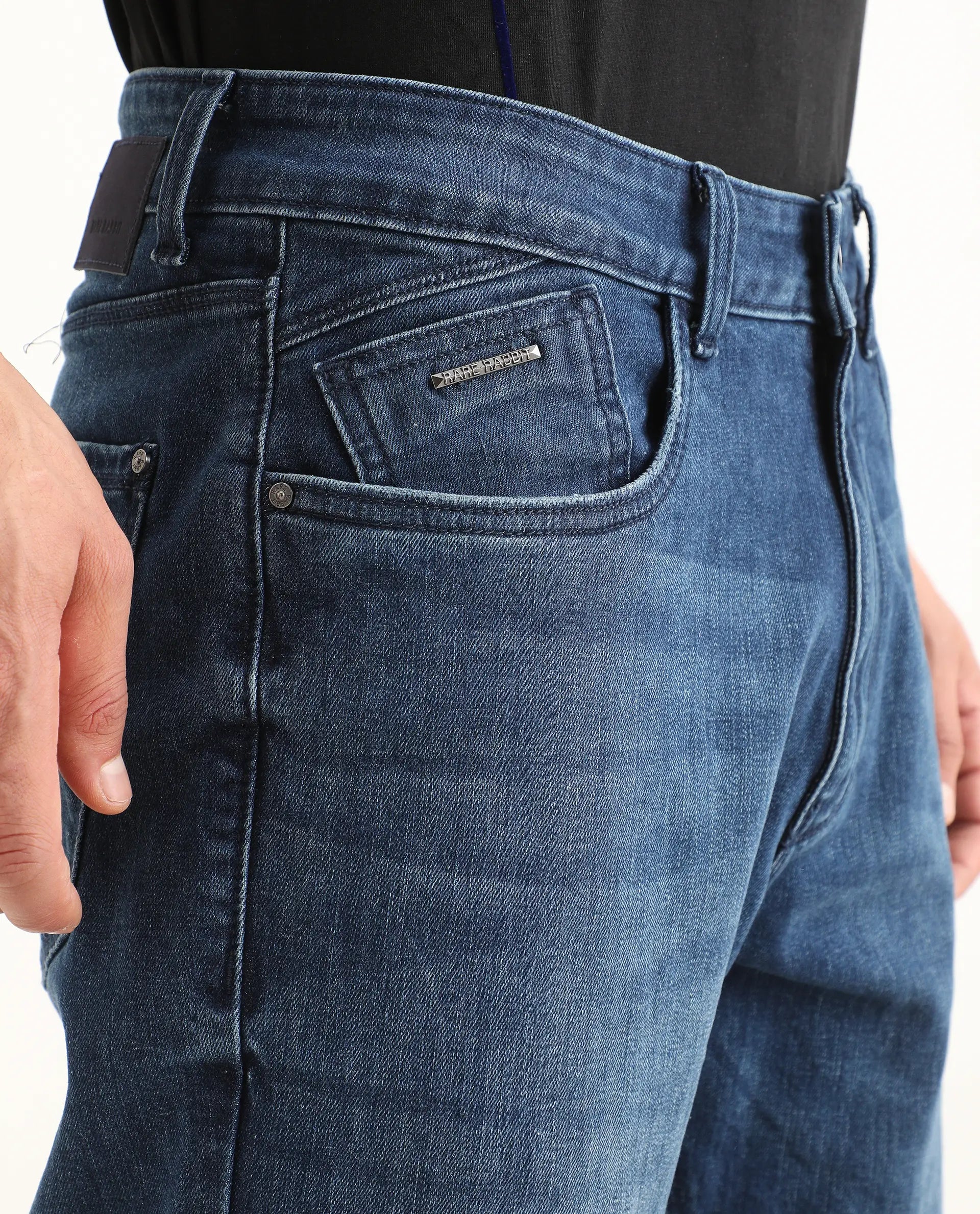 Rare Rabbit Men's Rayl Dark Blue Cotton Blend Fabric Morris Regular Fit Plain Jeans