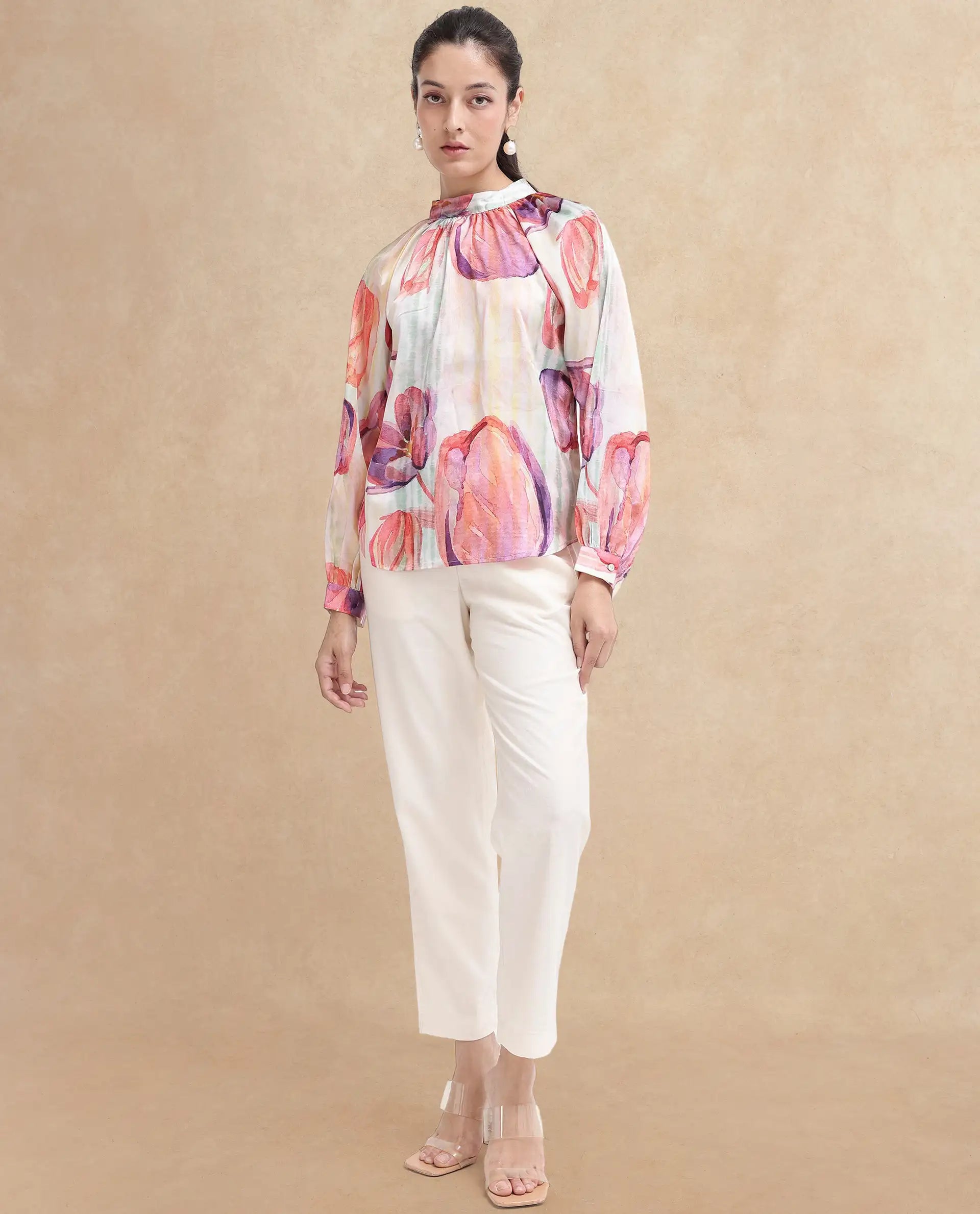 Rareism Women's Raylin Light Multi Polyester High Neck Floral Print Cuffed Sleeve Relaxed Fit Top