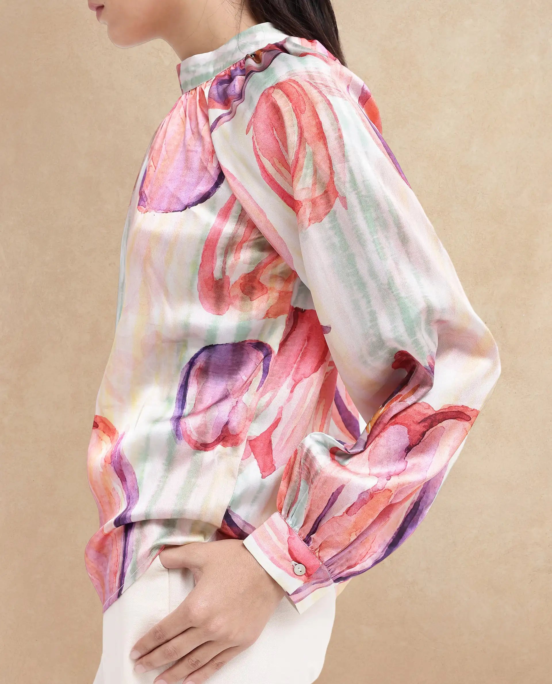 Rareism Women's Raylin Light Multi Polyester High Neck Floral Print Cuffed Sleeve Relaxed Fit Top