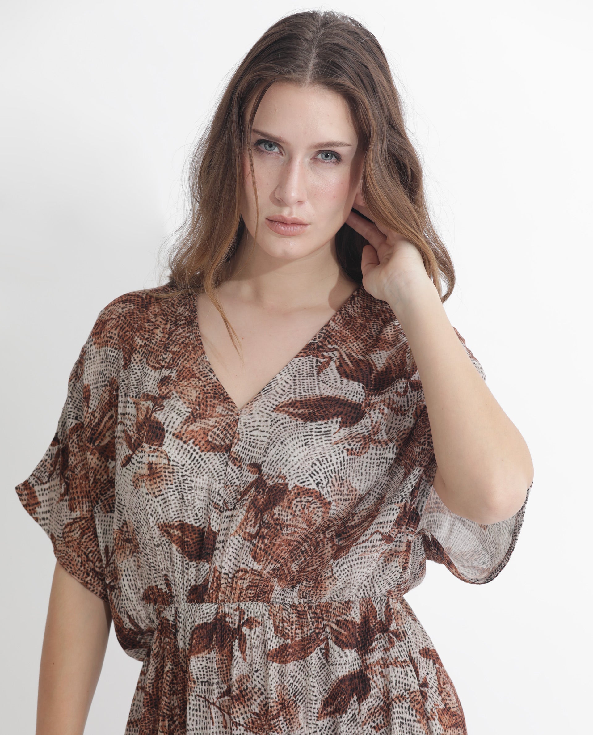 Rareism Women Rayo Dusky Beige Viscose Fabric Short Sleeves V-Neck Extended Sleeve Relaxed Fit Abstract Print Maxi Dress