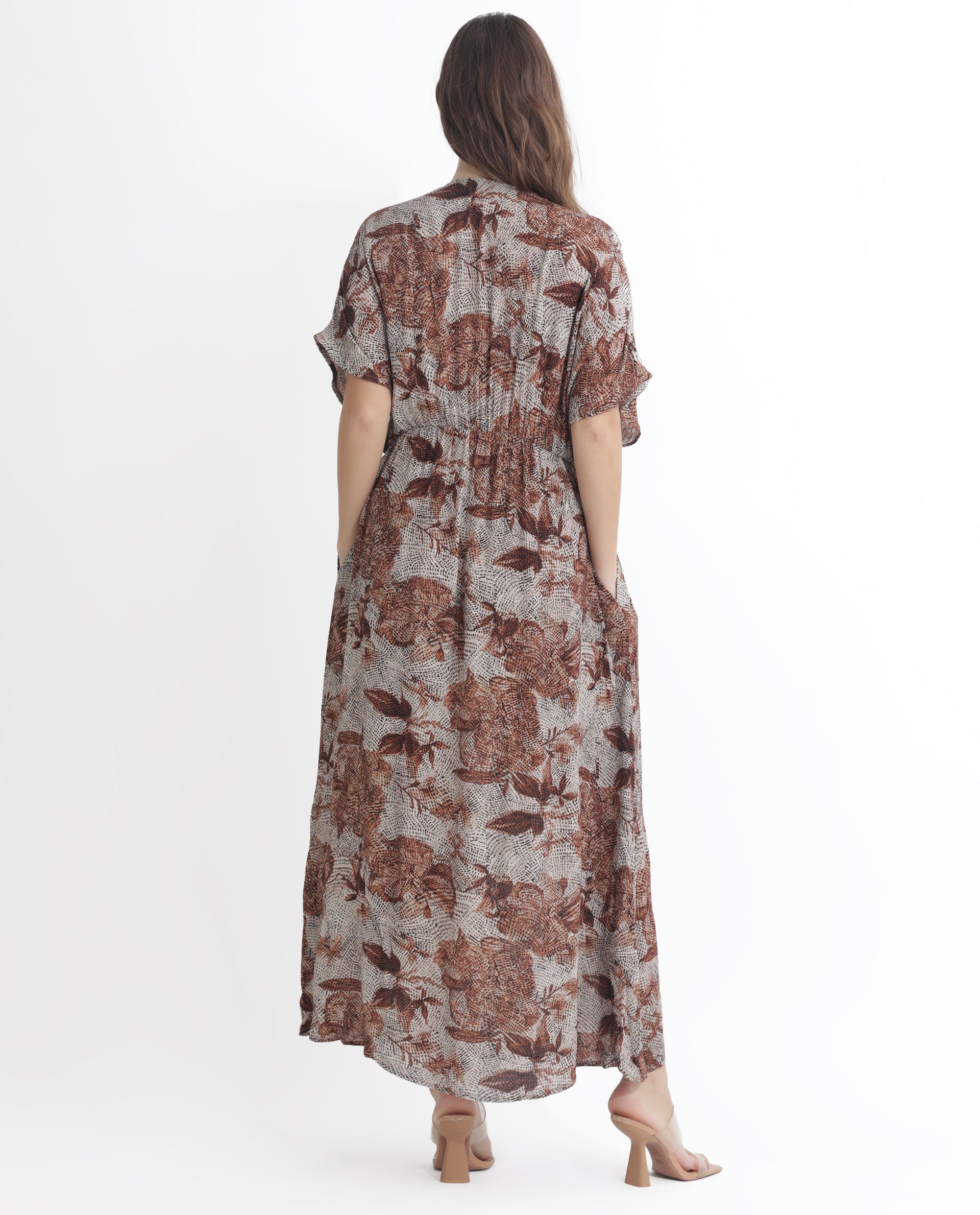 Rareism Women Rayo Dusky Beige Viscose Fabric Short Sleeves V-Neck Extended Sleeve Relaxed Fit Abstract Print Maxi Dress