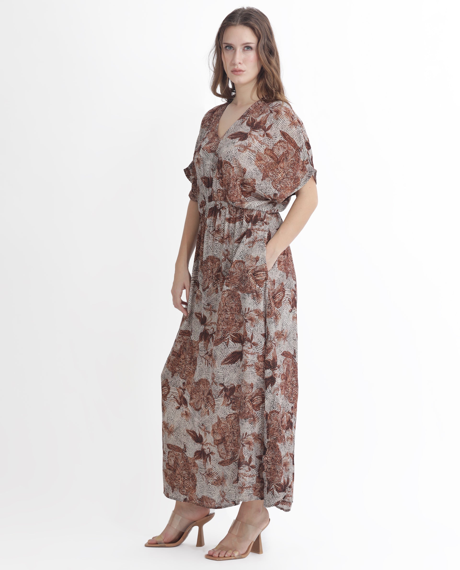 Rareism Women Rayo Dusky Beige Viscose Fabric Short Sleeves V-Neck Extended Sleeve Relaxed Fit Abstract Print Maxi Dress